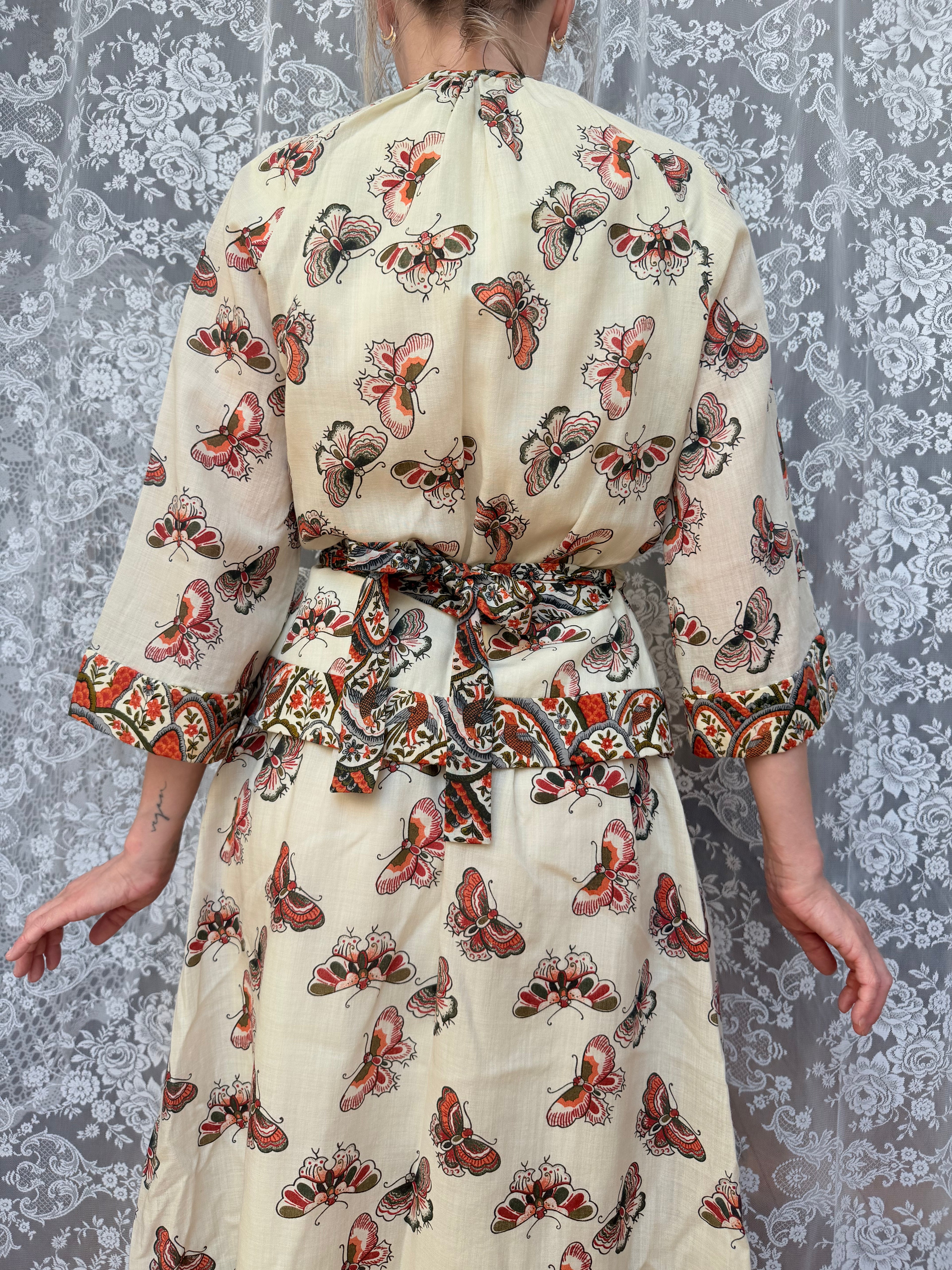 Vintage 1970s Annie Gough Butterfly Wool Peplum Midi Dress