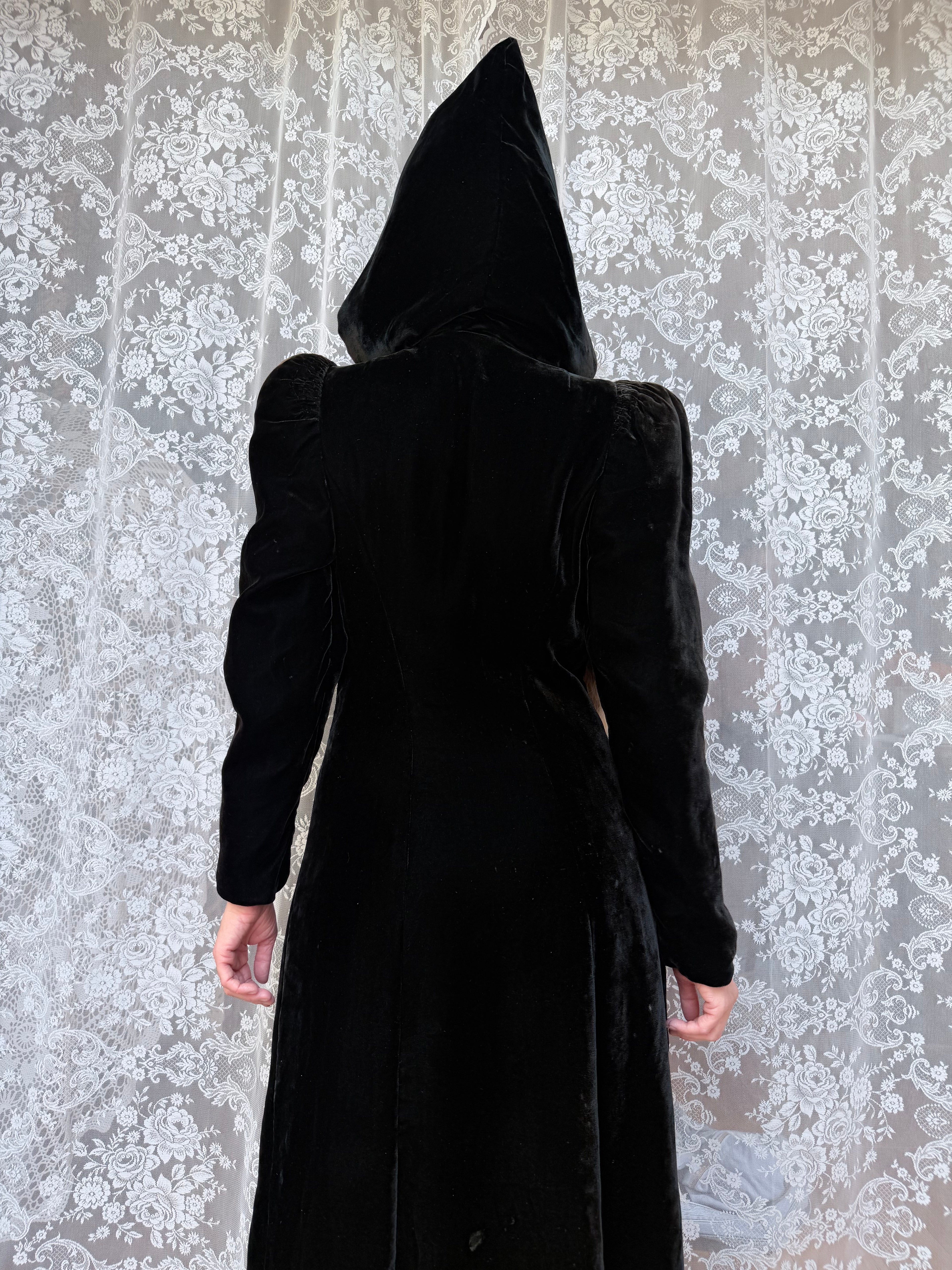 1920s Art Deco Black Velvet Hooded Coat | Vintage Witchy Gothic Piece