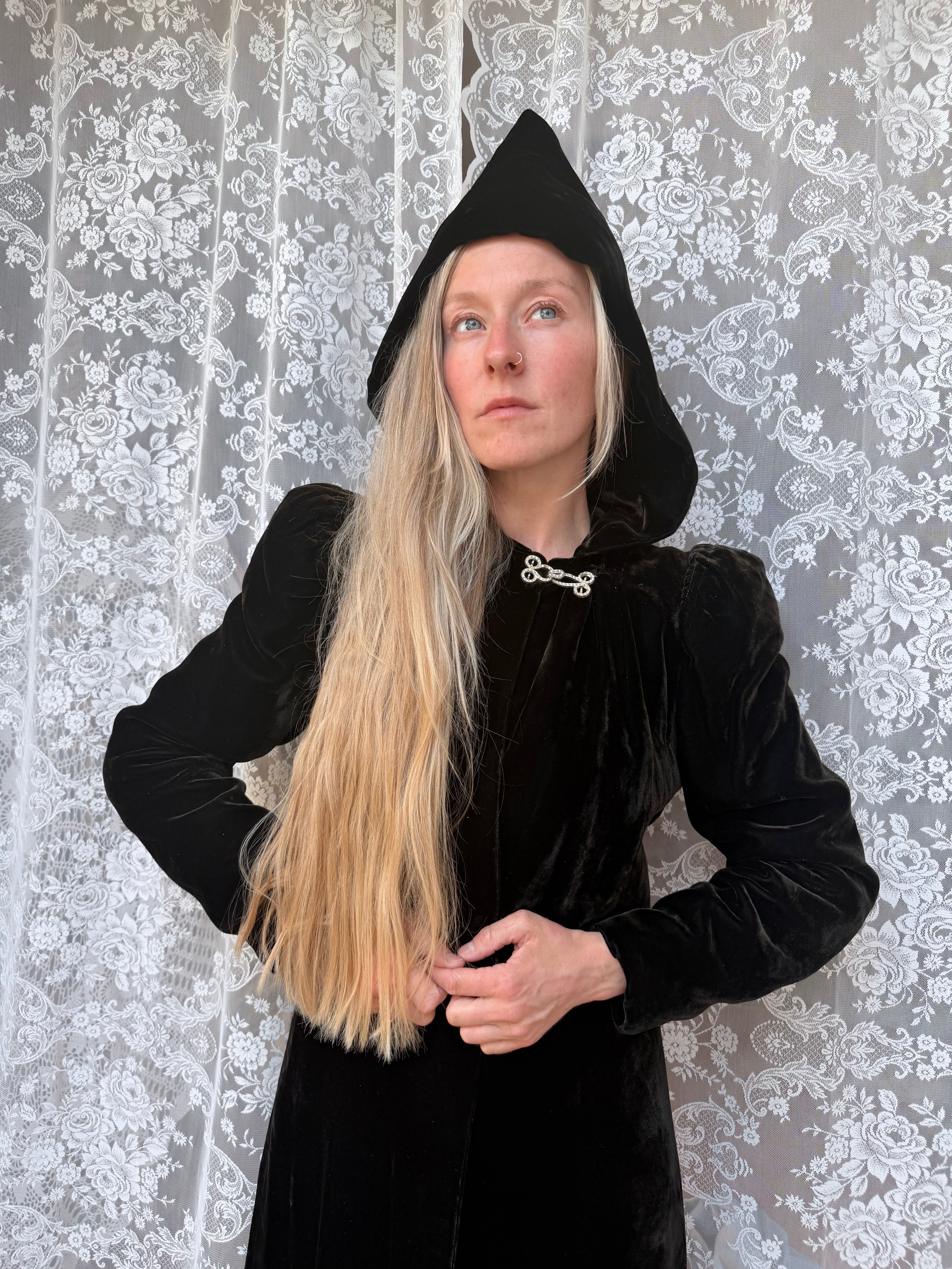 1920s Art Deco Black Velvet Hooded Coat | Vintage Witchy Gothic Piece
