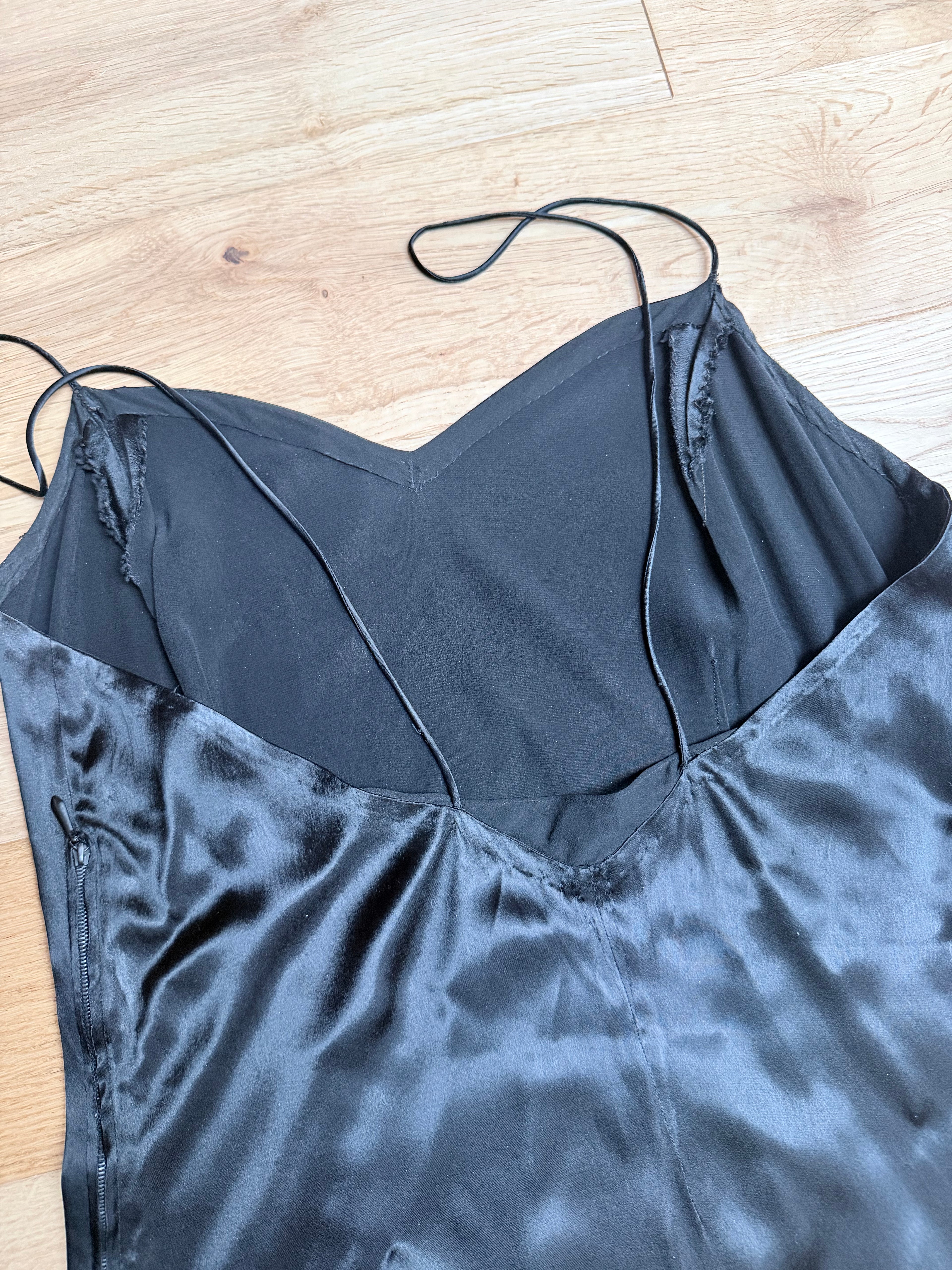 Antique 1930s Black Satin Silk Slip Dress