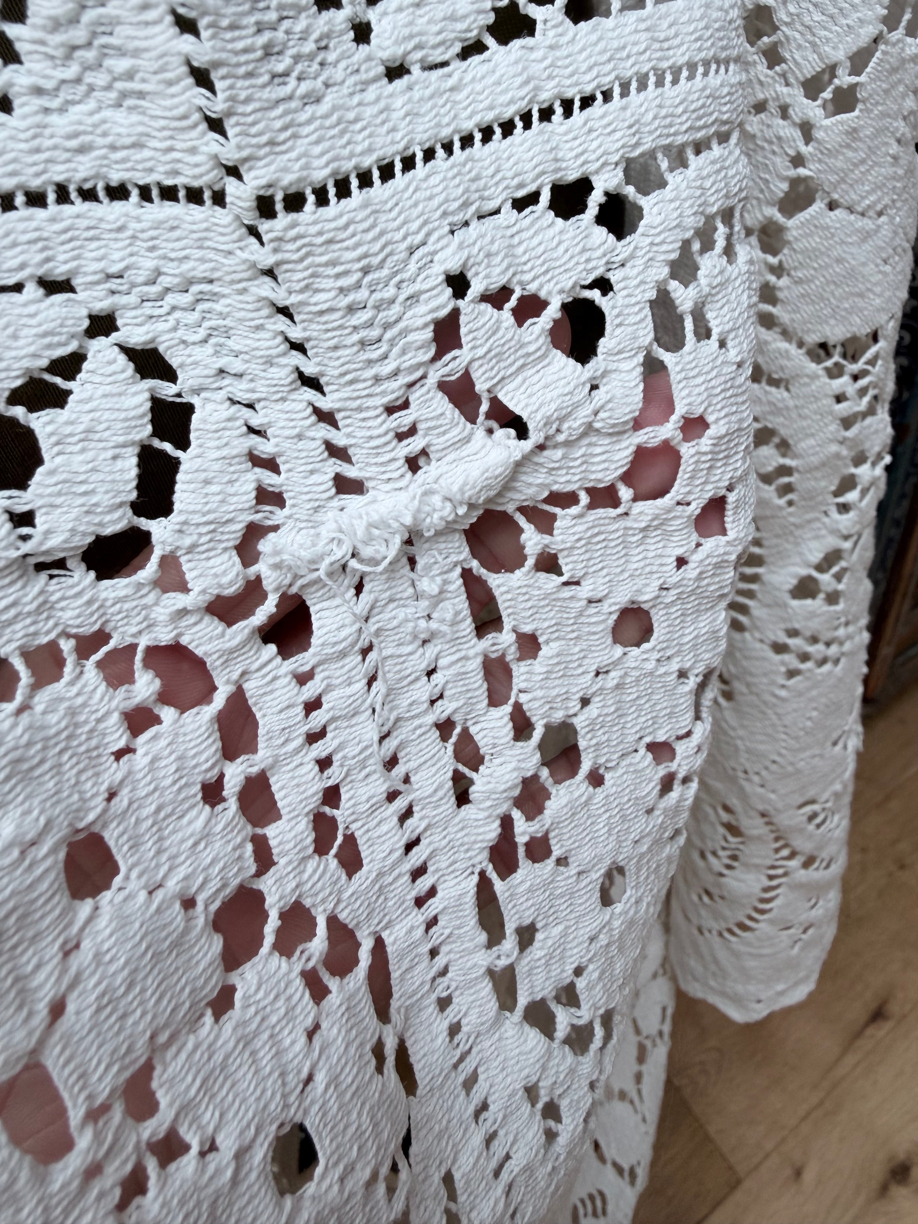 Handmade Vintage Floral Nottingham Lace Bell Sleeve Crochet Dress | Made From Old Tablecloth