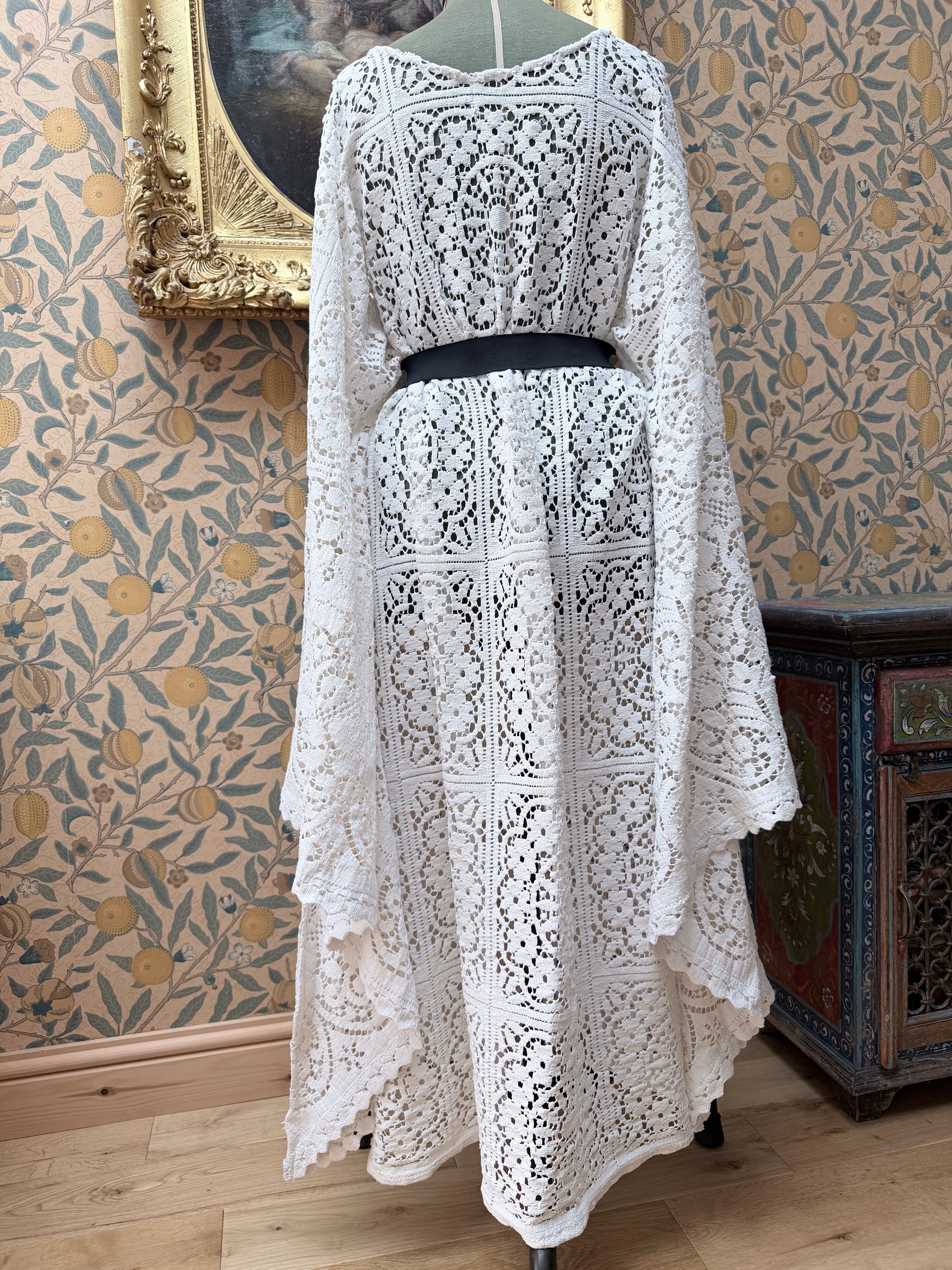 Handmade Vintage Floral Nottingham Lace Bell Sleeve Crochet Dress | Made From Old Tablecloth