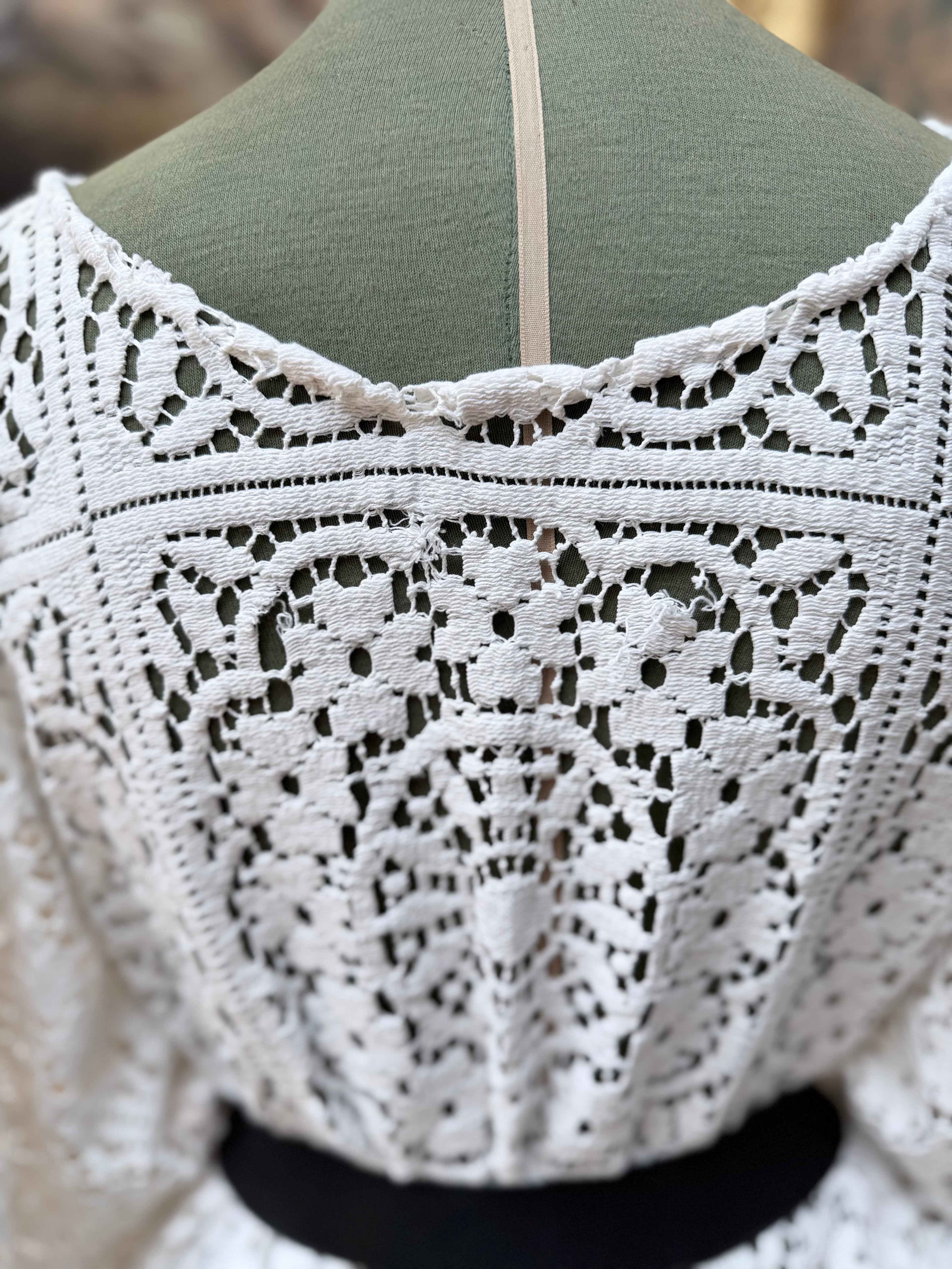 Handmade Vintage Floral Nottingham Lace Bell Sleeve Crochet Dress | Made From Old Tablecloth