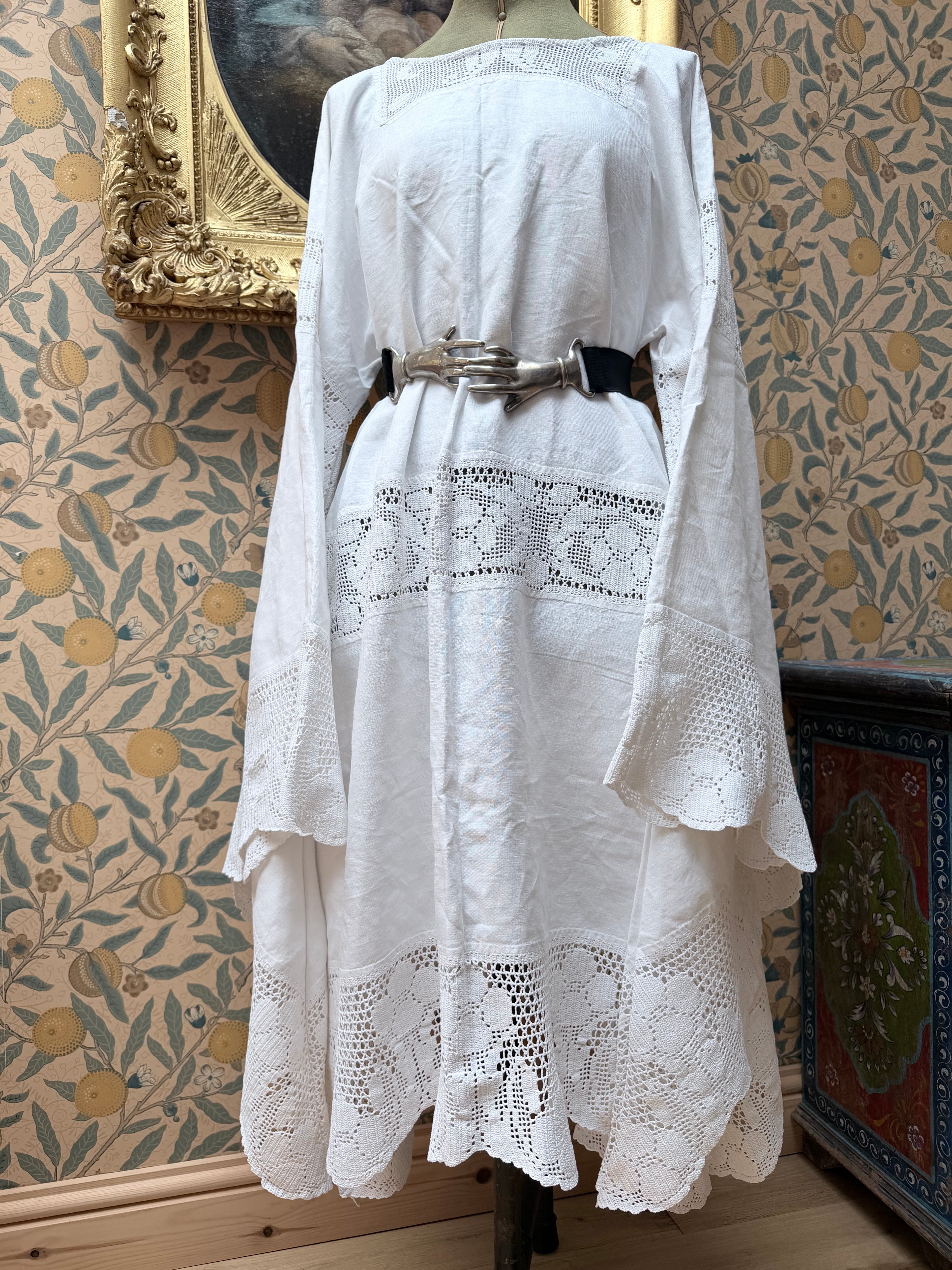 Handmade Vintage White Cotton Floral Crochet Bell Sleeve Lace Dress | Made From Old Tablecloth