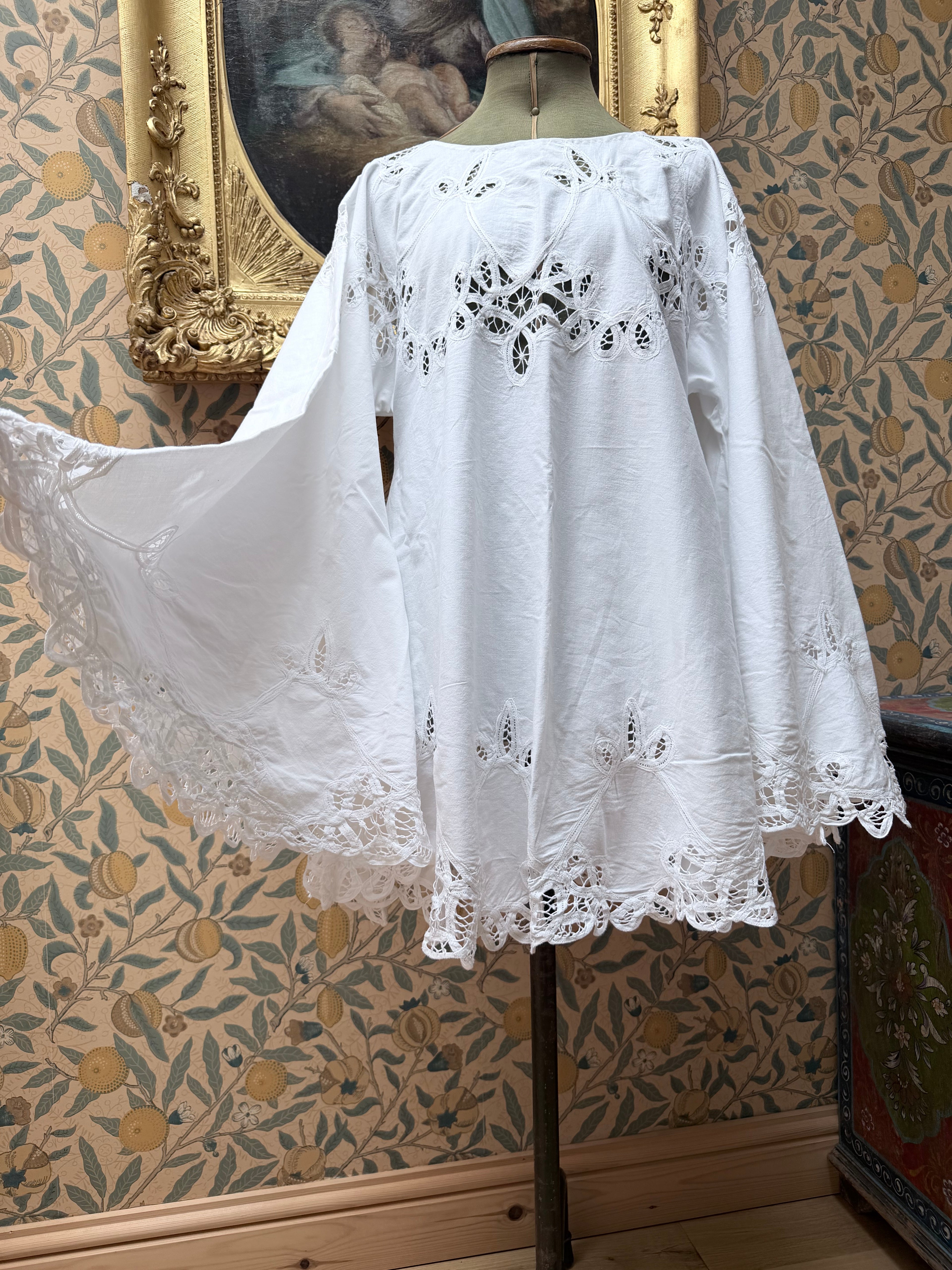 Vintage Cotton Lace Cut Out Bell Sleeve Mini Dress | The Tablecloth Collection