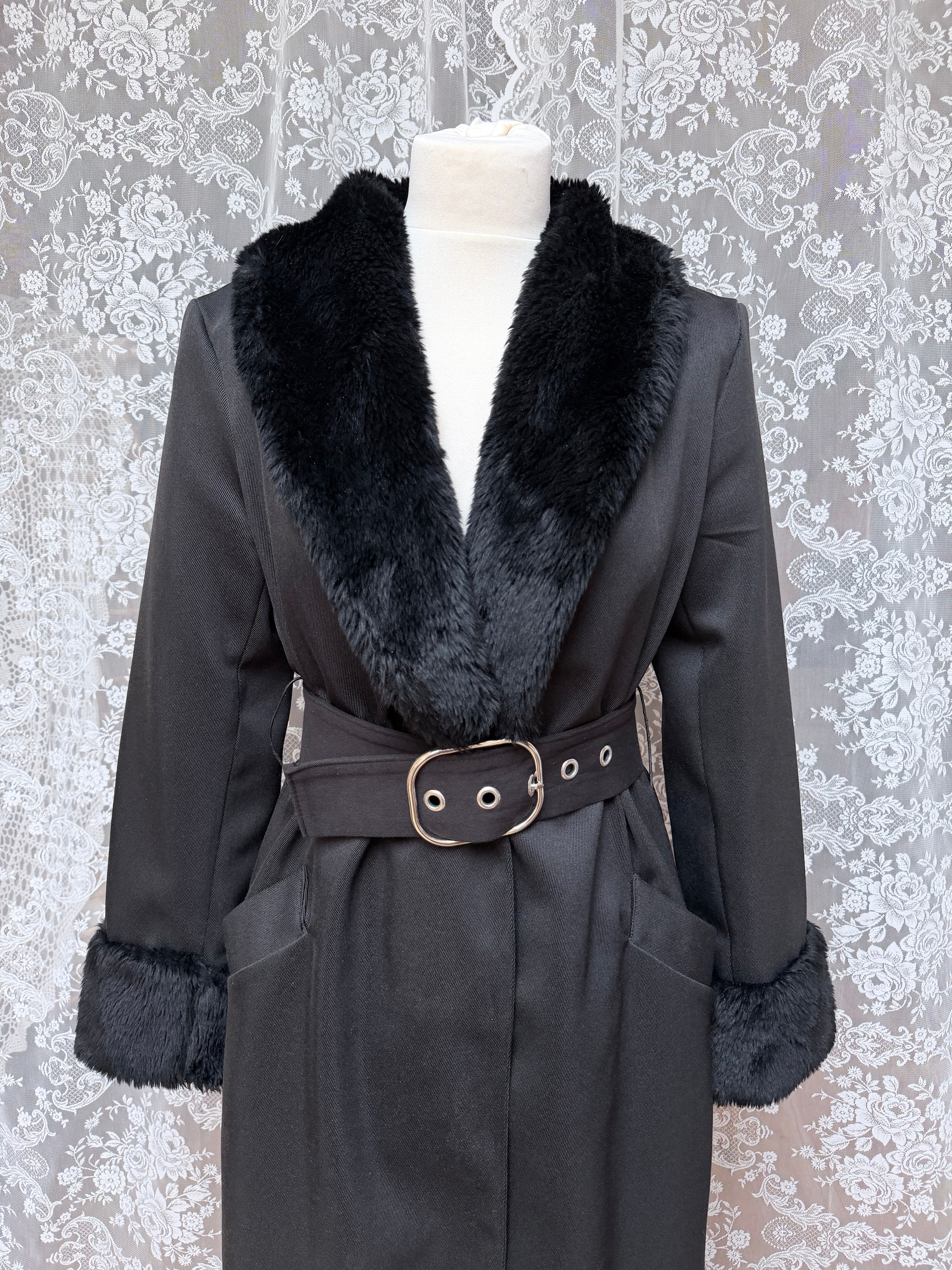 Vintage 1970s Black Faux Fur Trim Maxi Coat