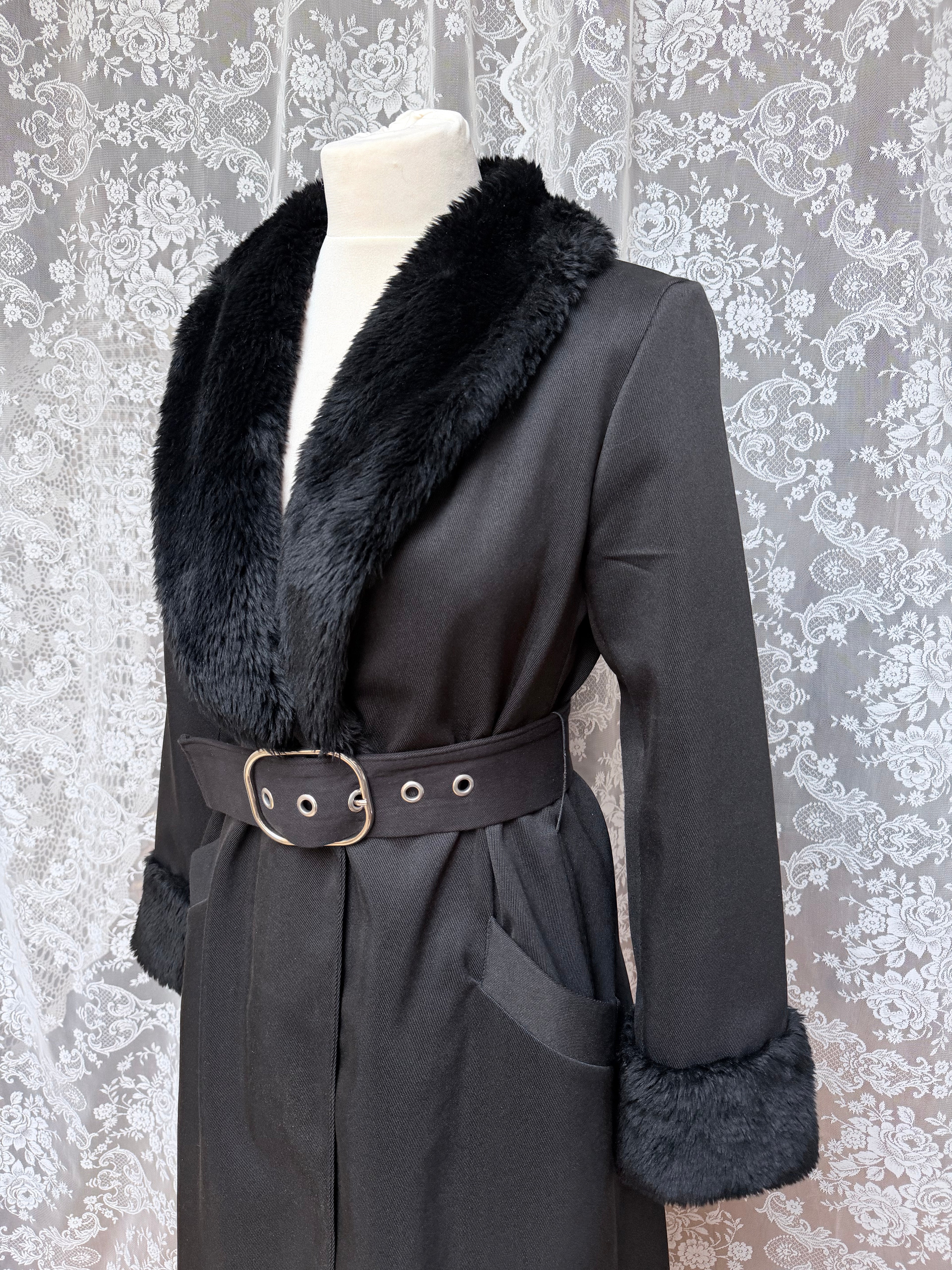 Vintage 1970s Black Faux Fur Trim Maxi Coat