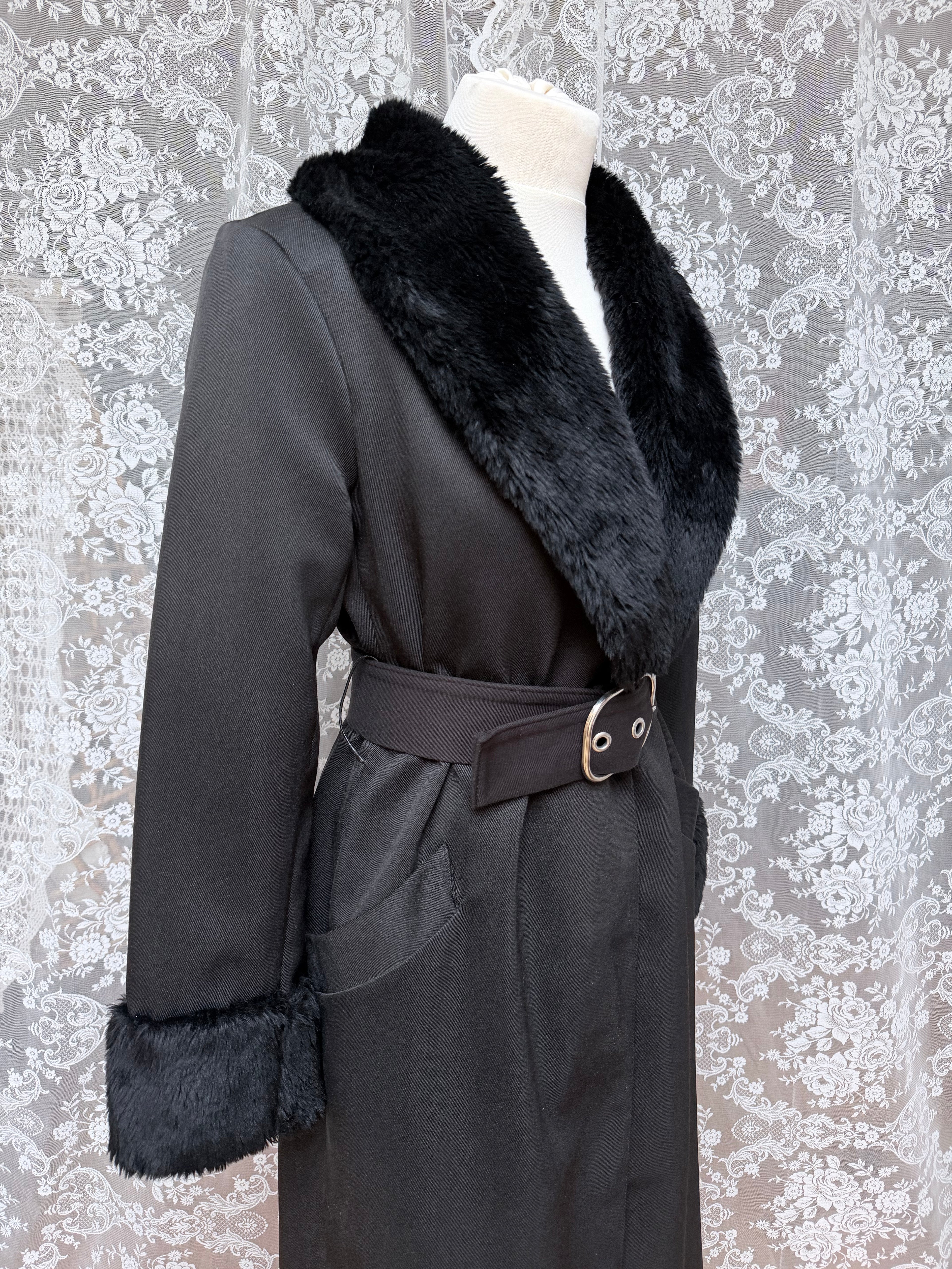 Vintage 1970s Black Faux Fur Trim Maxi Coat