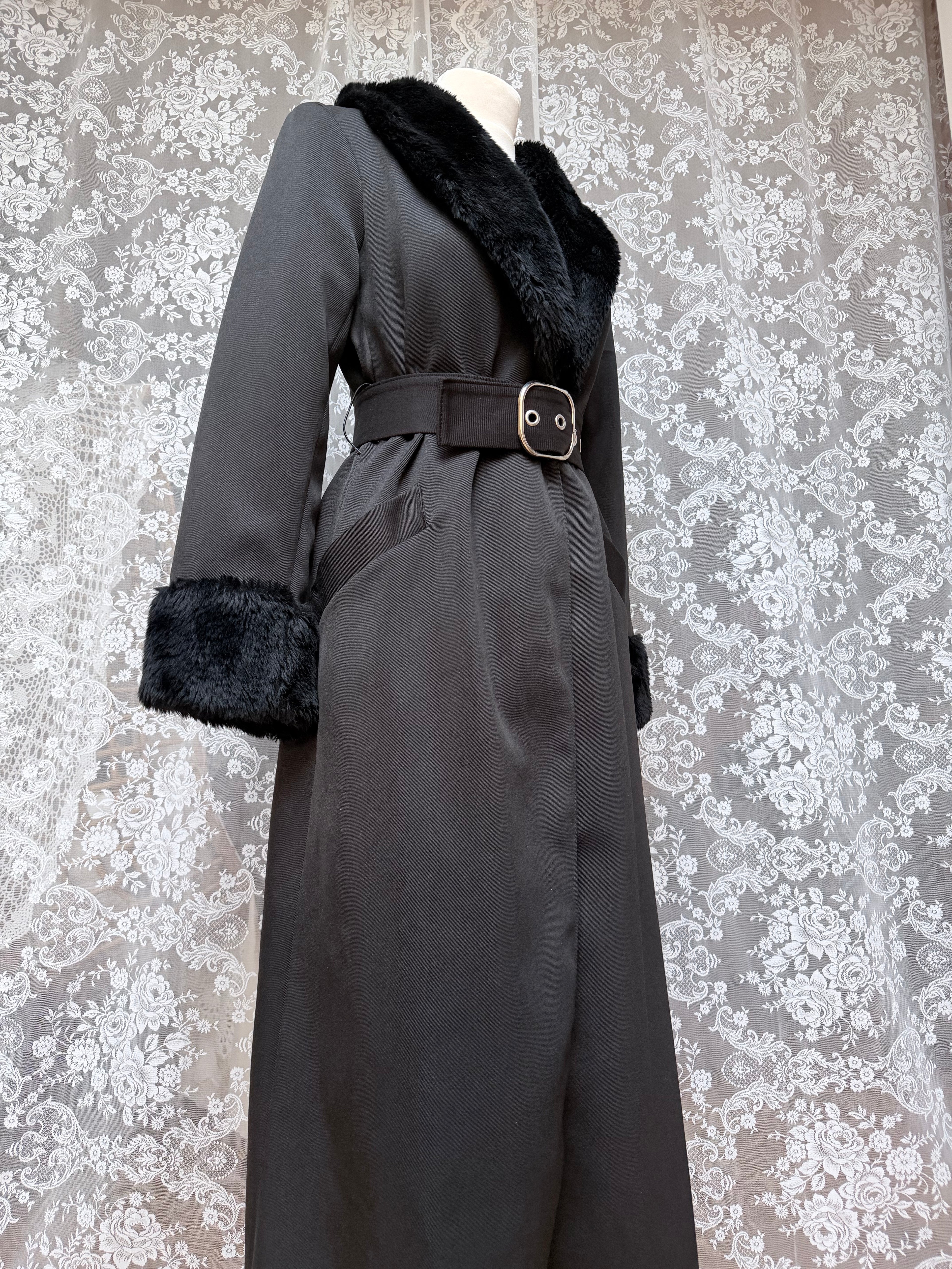 Vintage 1970s Black Faux Fur Trim Maxi Coat