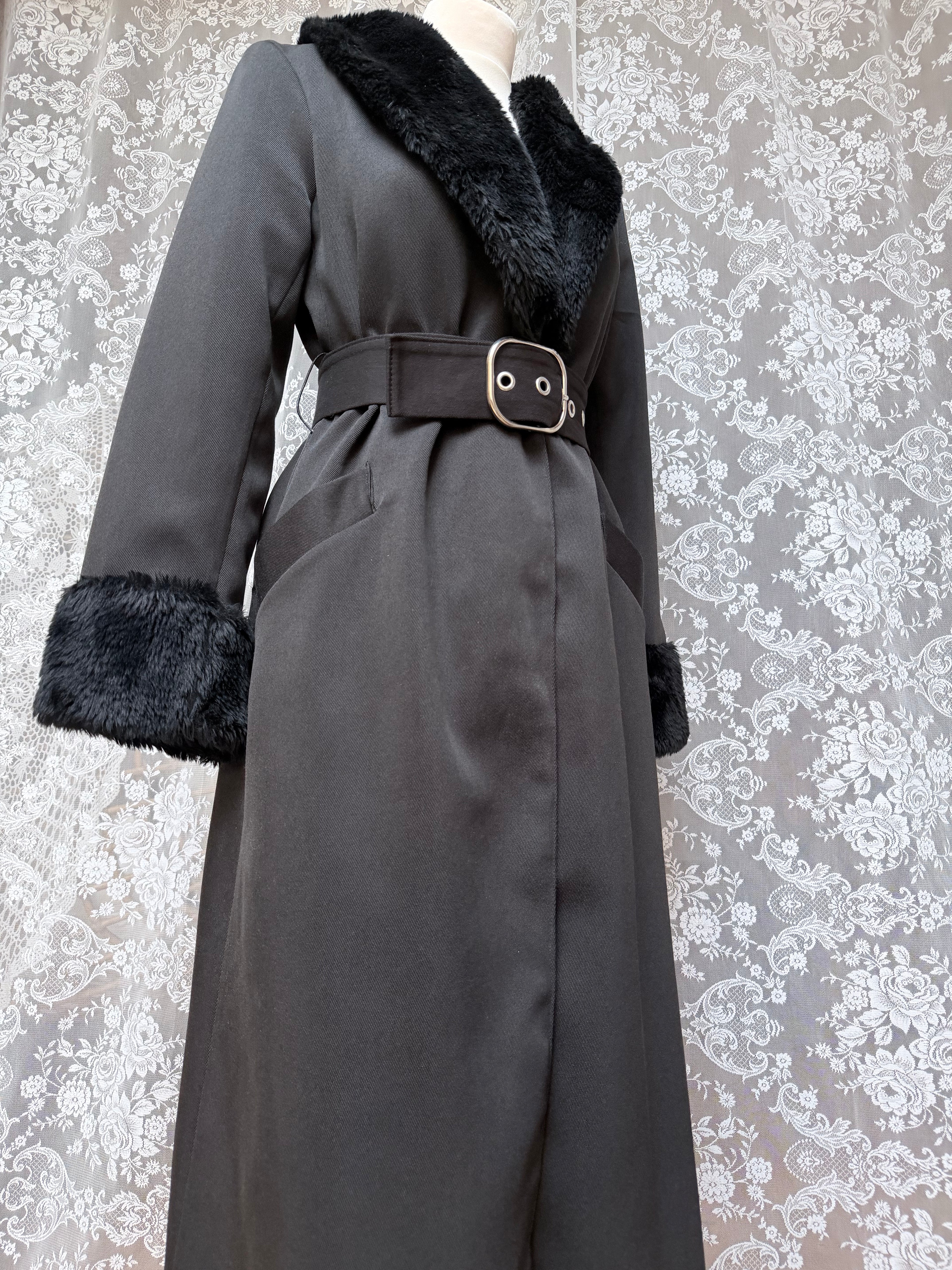Vintage 1970s Black Faux Fur Trim Maxi Coat