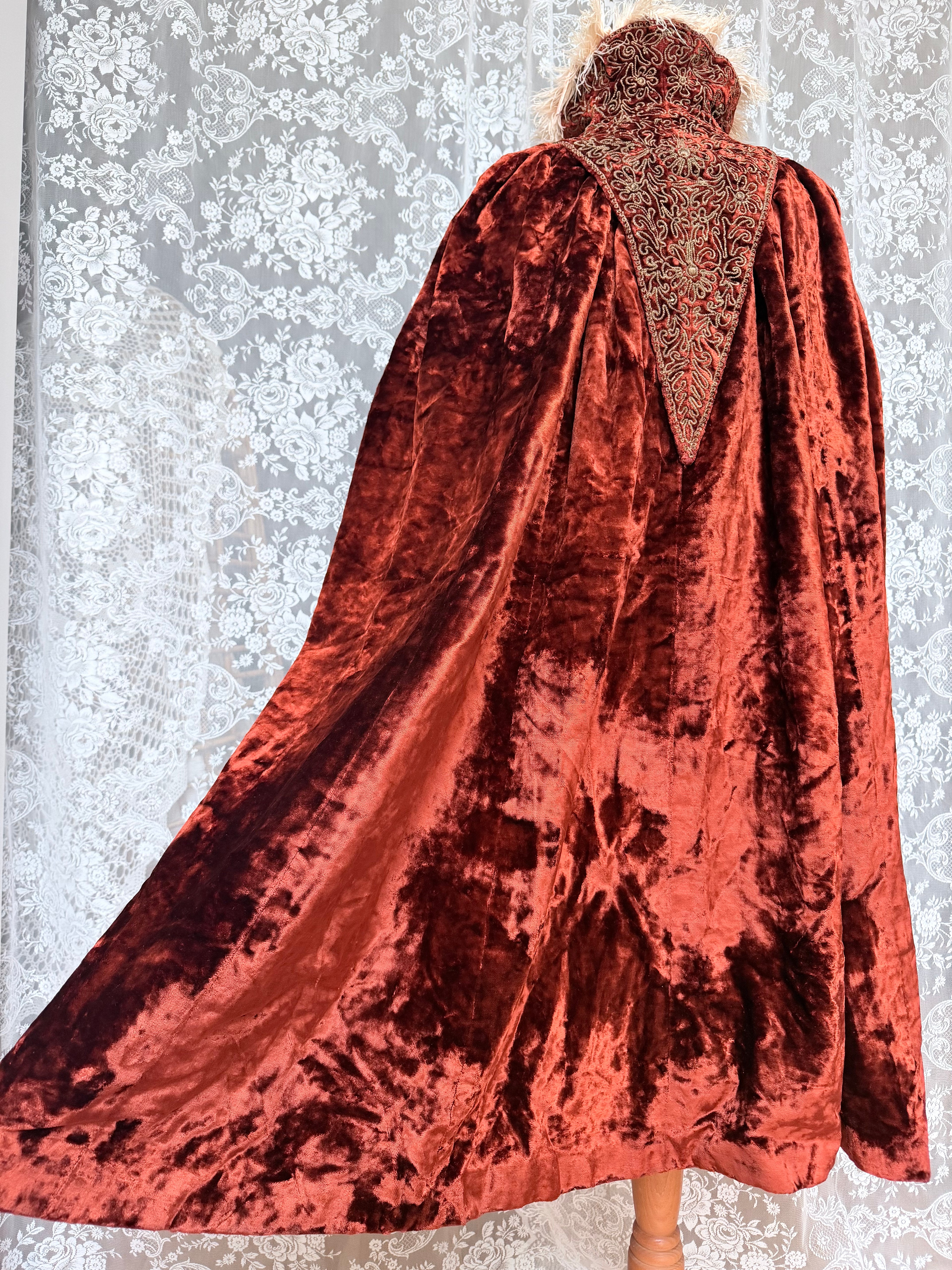 Antique Vintage Victorian Orange Velvet, Silk, & Feather Cape/Cloak