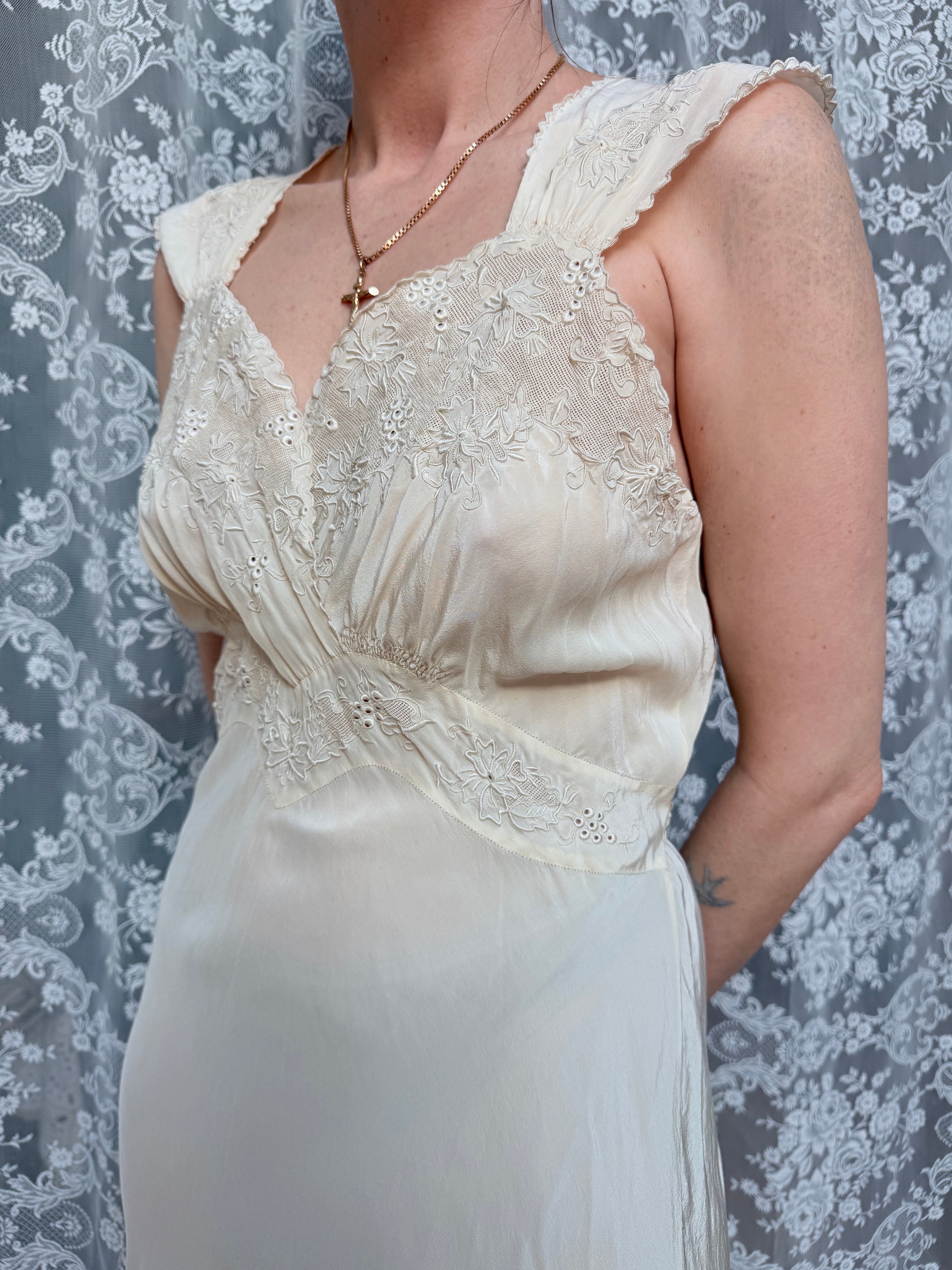 Antique 1930s Cream Silk Slip Wedding Dress With Broderie Anglaise