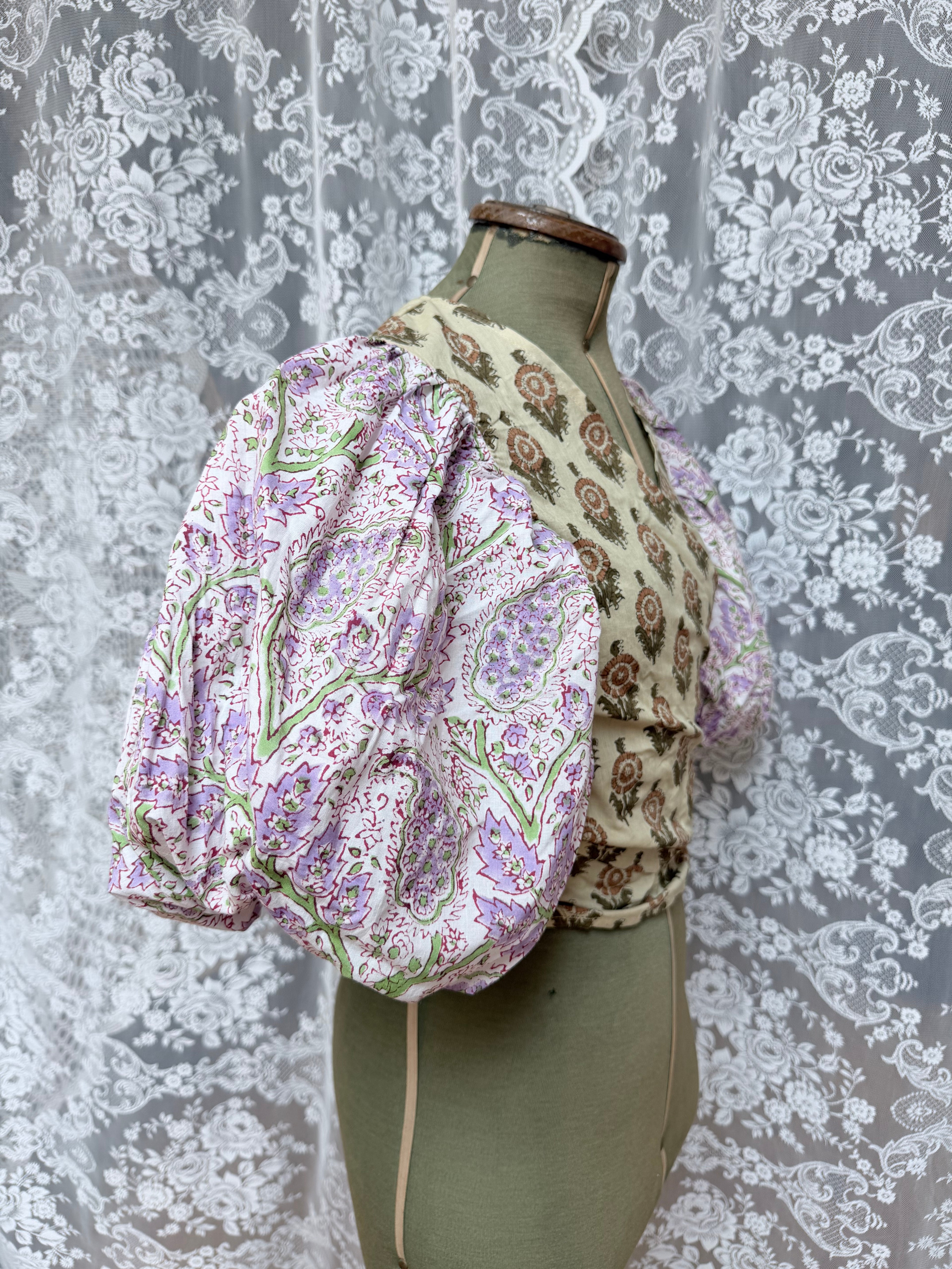 The Goldie Wisteria Puff Sleeve Wrap Blouse | Handmade Indian Block Print