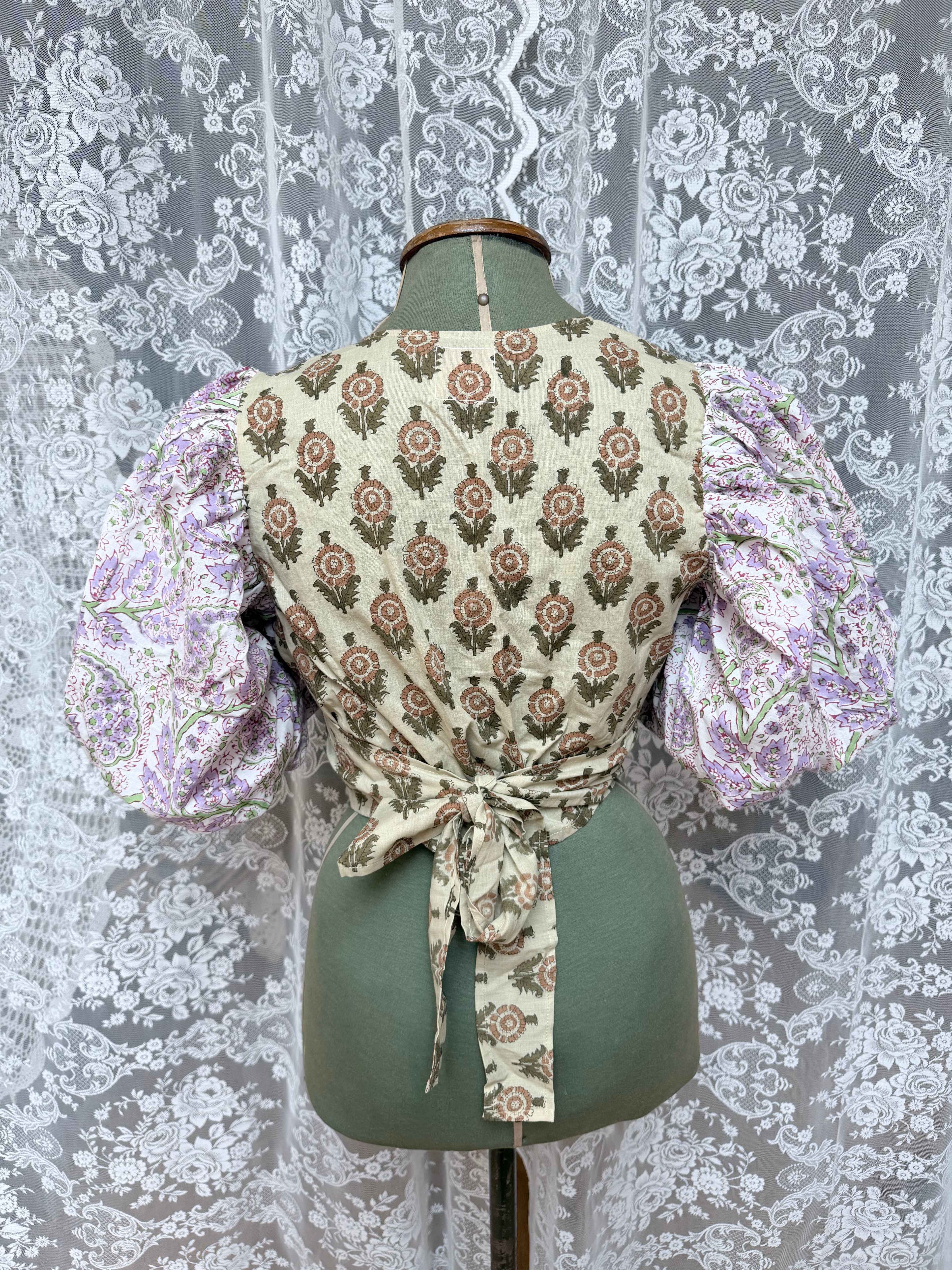 The Goldie Wisteria Puff Sleeve Wrap Blouse | Handmade Indian Block Print
