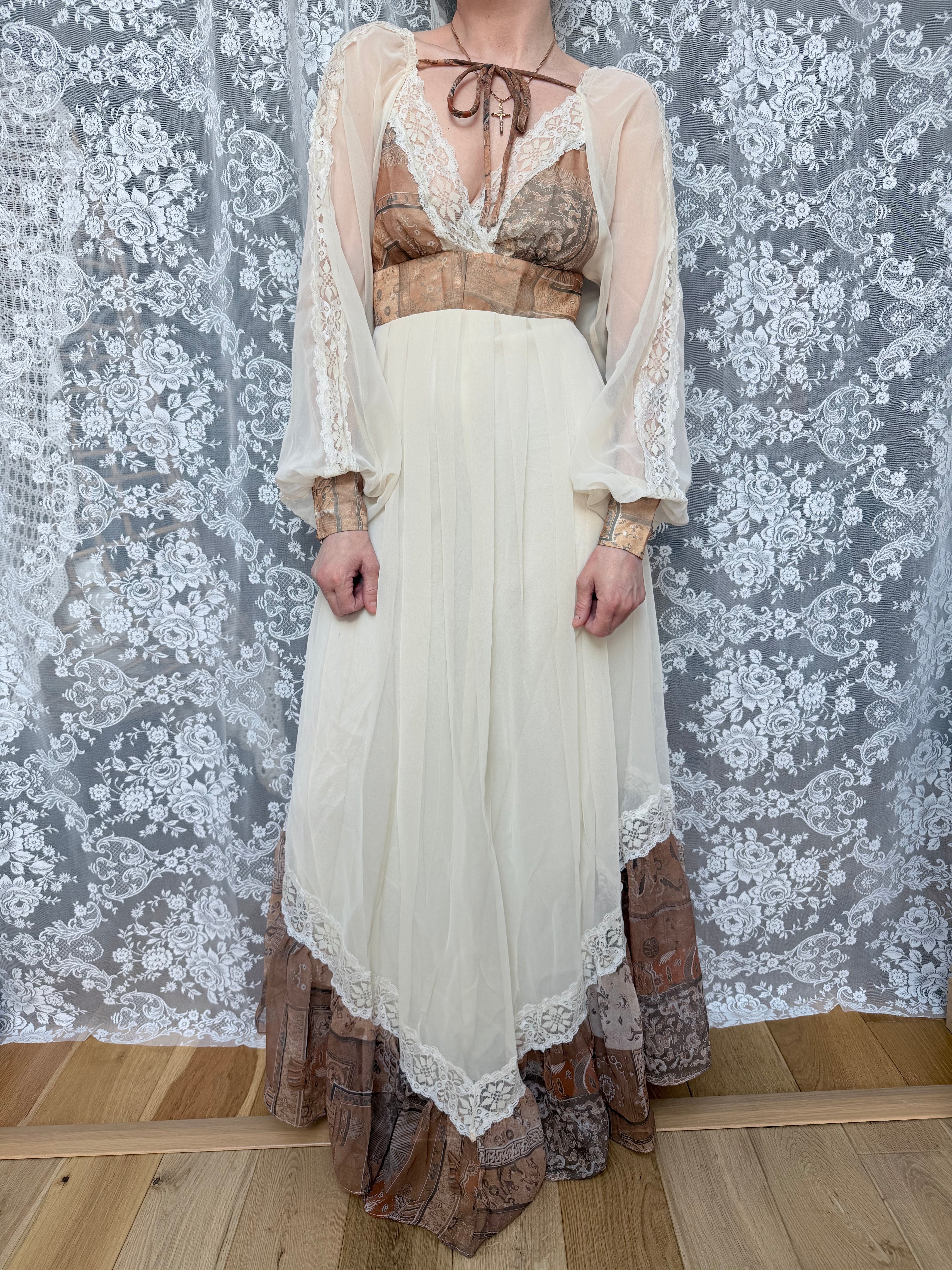 Vintage 1970s Balloon Sleeves Prairie Handmade Dress