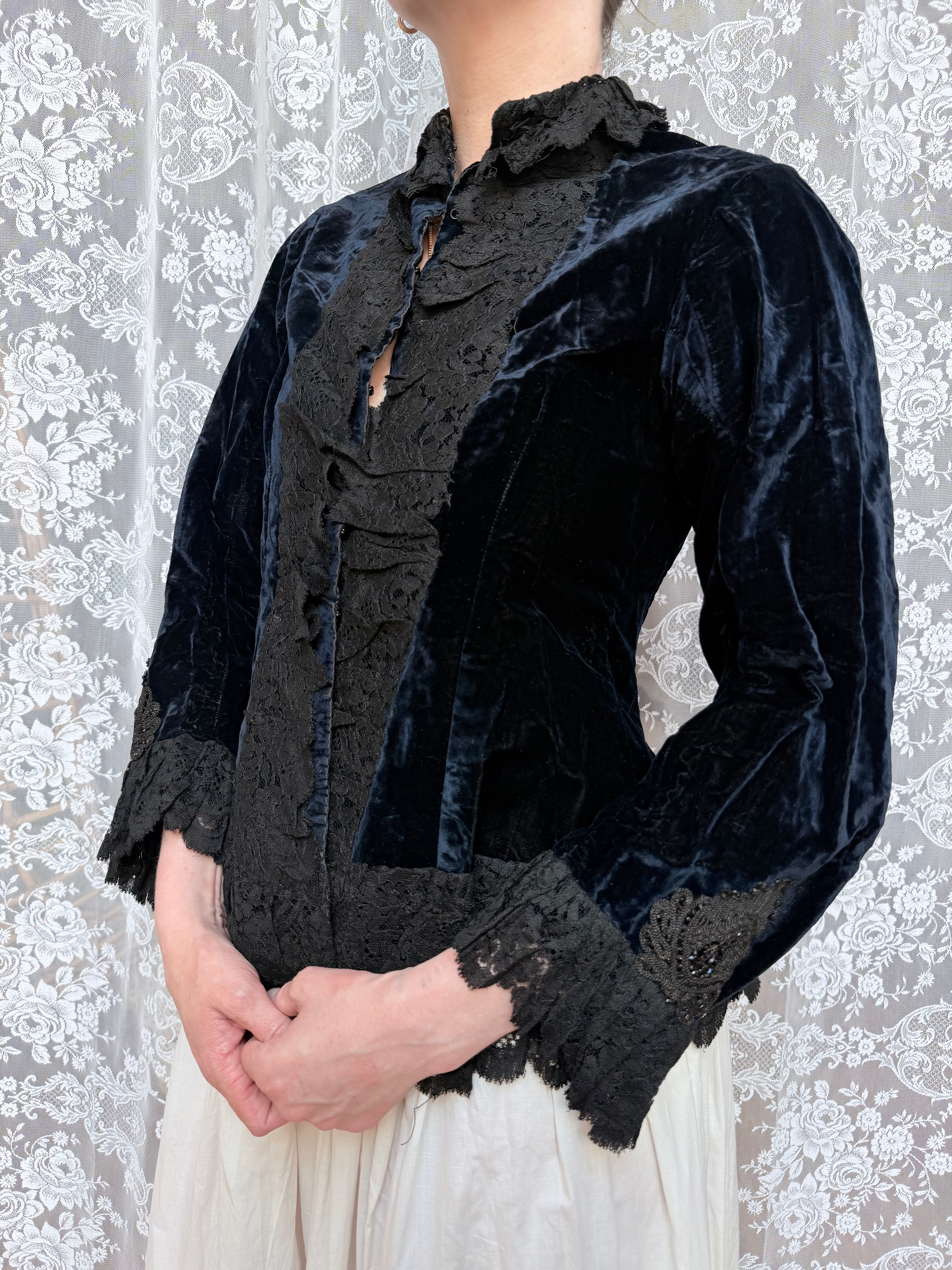 Antique Dark Blue Velvet and Lace Jacket 1890-1910