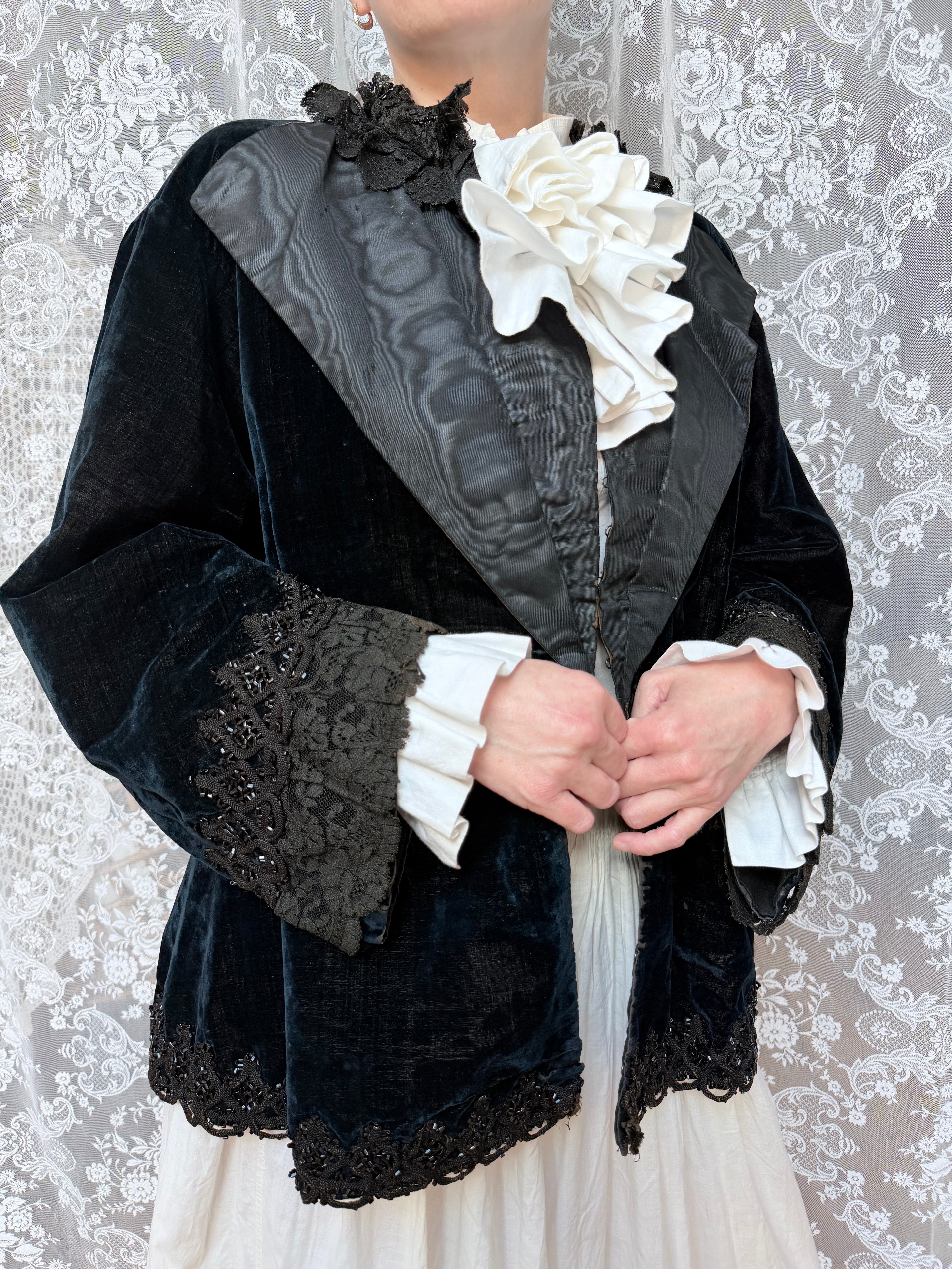 Antique 1890-1910 Dark Blue Velvet Opera Jacket with Jet-Beaded Lace
