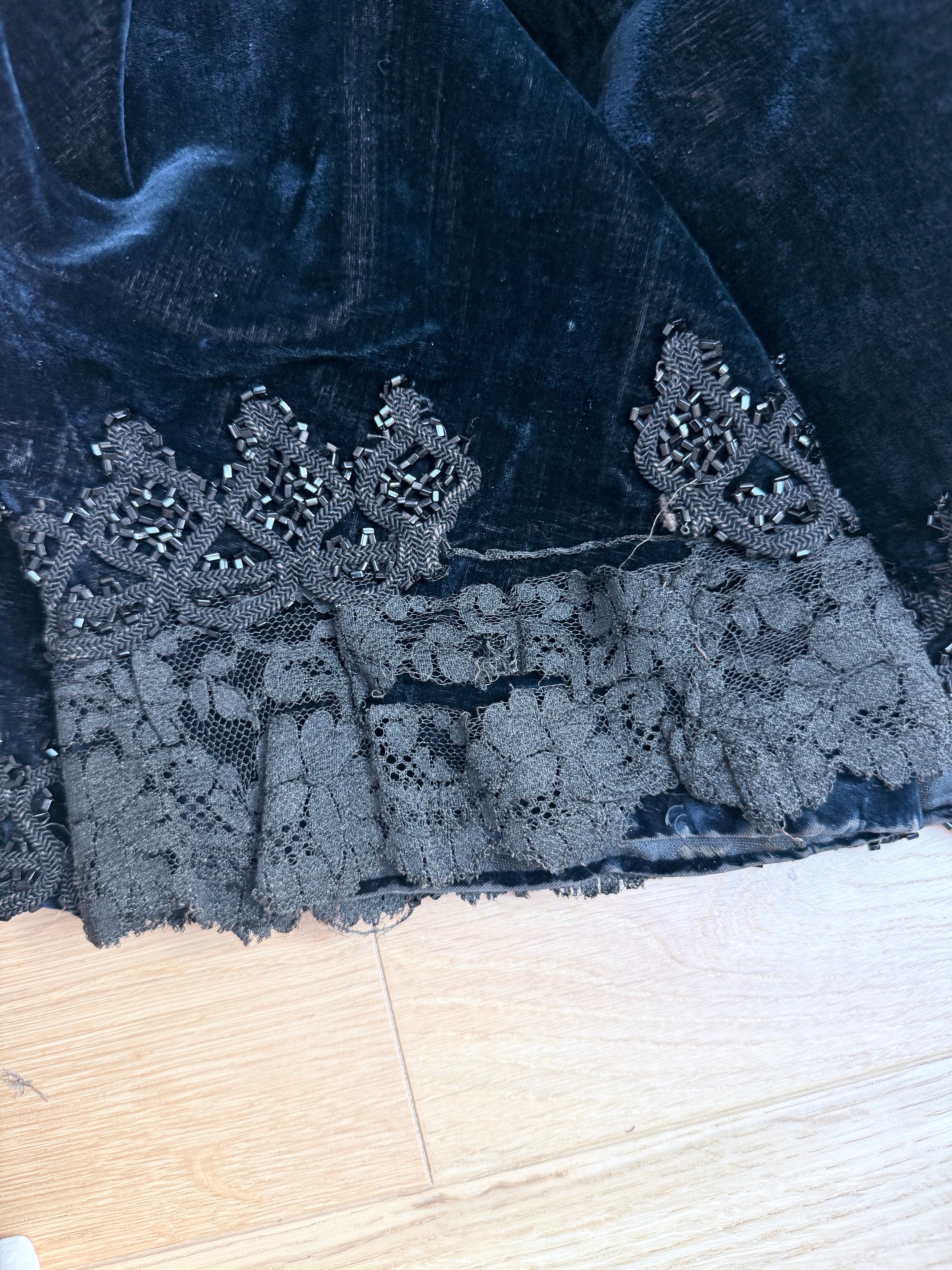 Antique 1890-1910 Dark Blue Velvet Opera Jacket with Jet-Beaded Lace