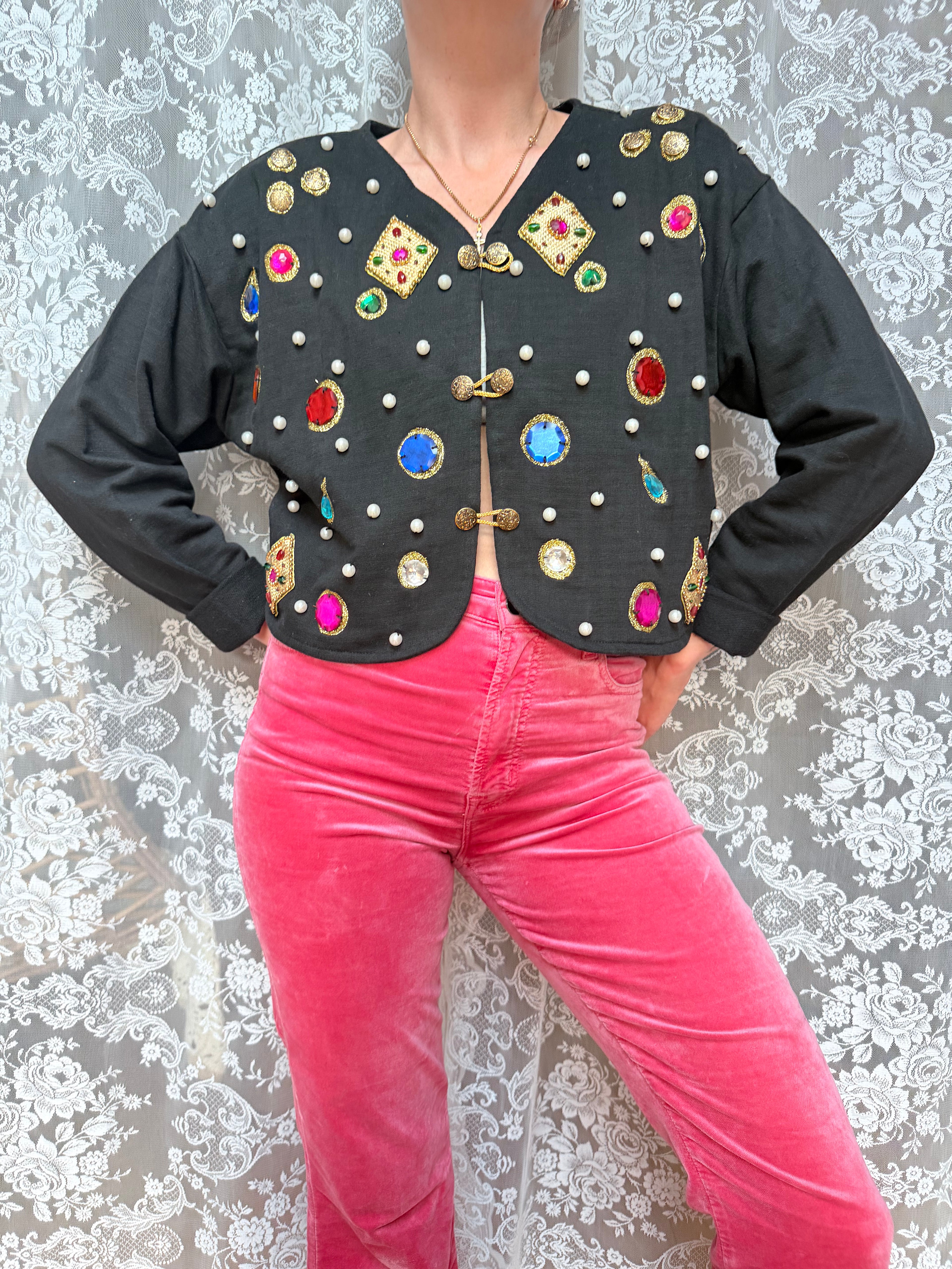 Quirky Vintage 1980s Black Cardigan with Jewels | Alice in Wonderland Inspired