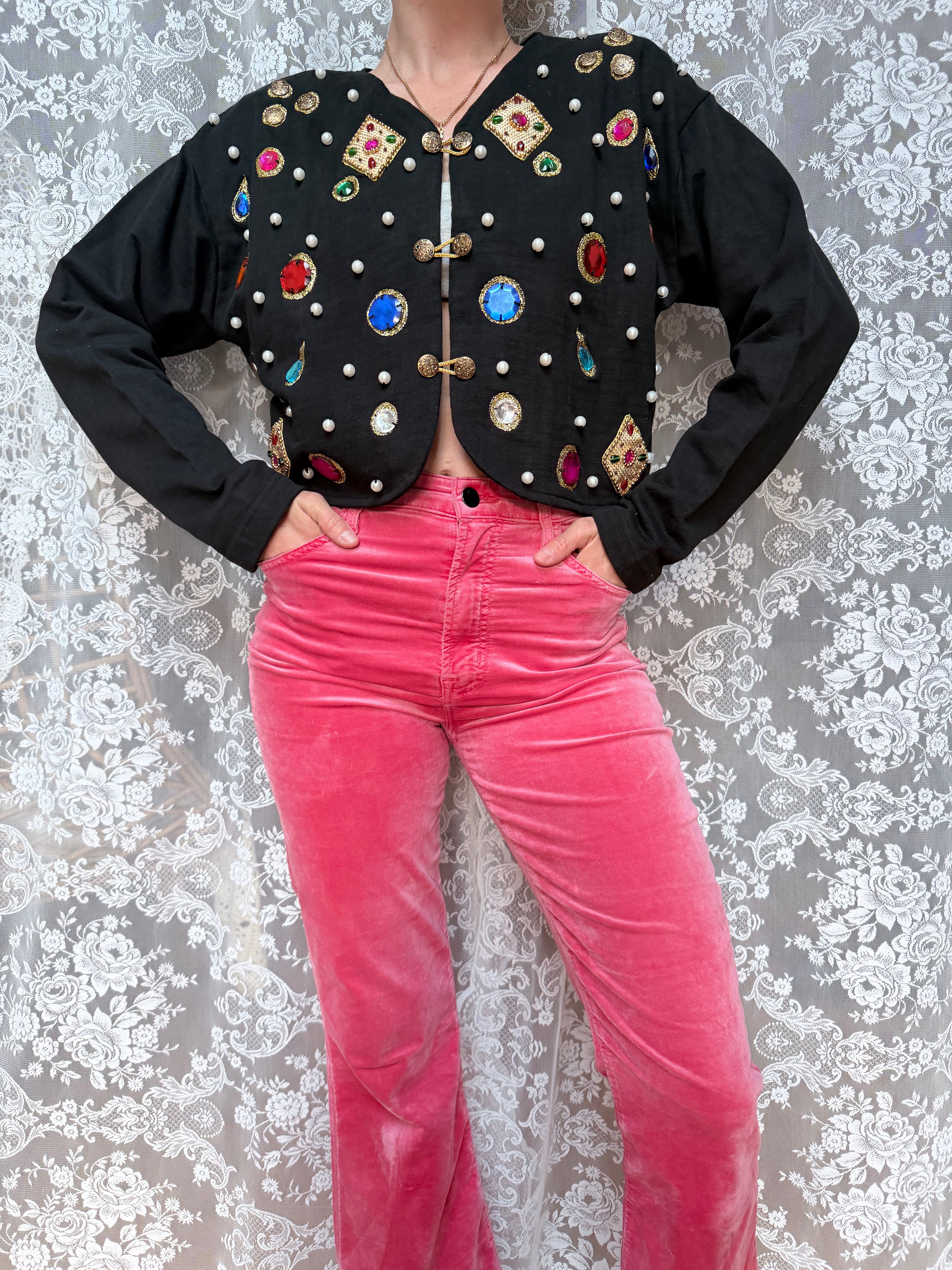 Quirky Vintage 1980s Black Cardigan with Jewels | Alice in Wonderland Inspired