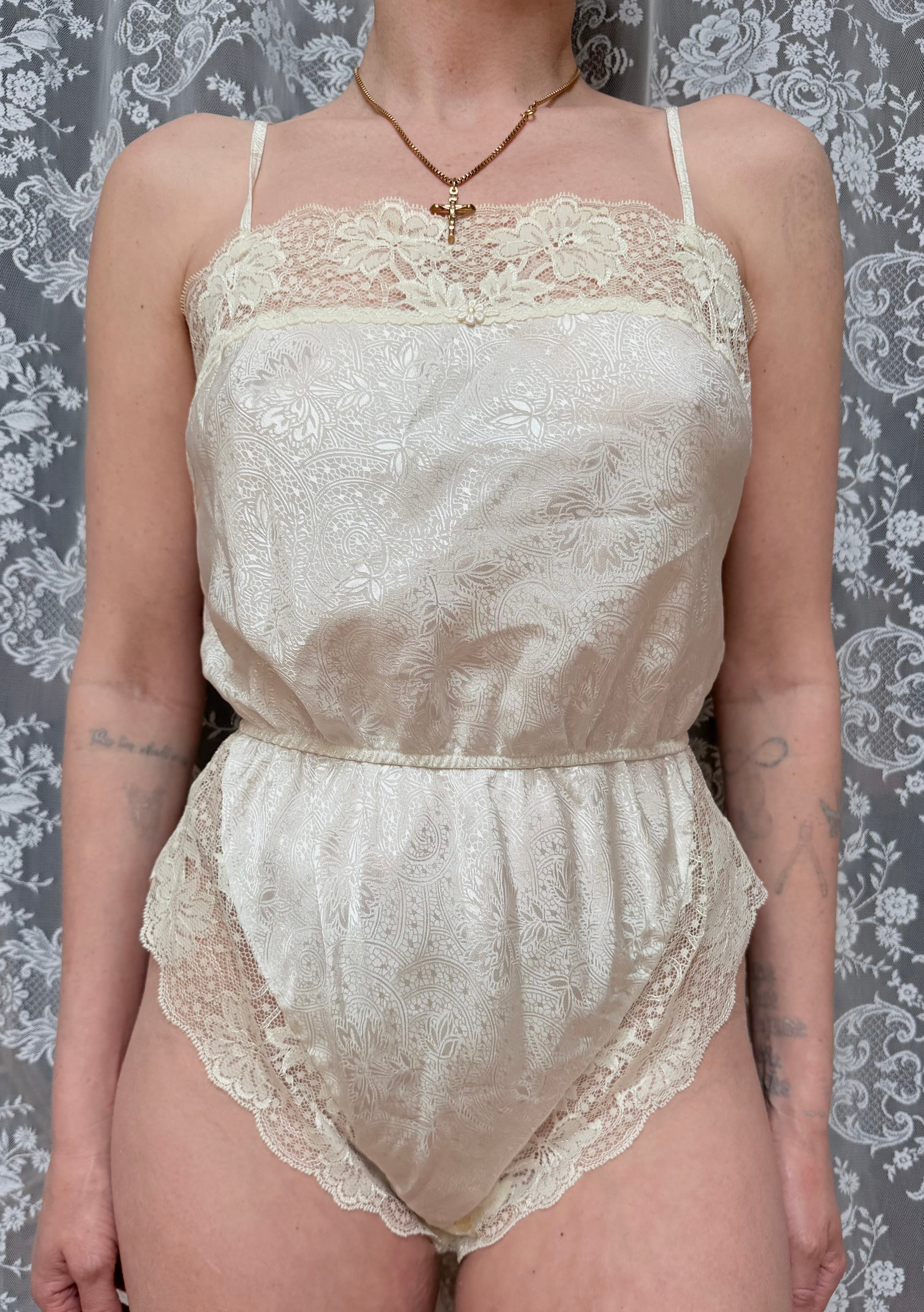 Vintage 1970s St Michael Cream Lace Teddy Bodysuit