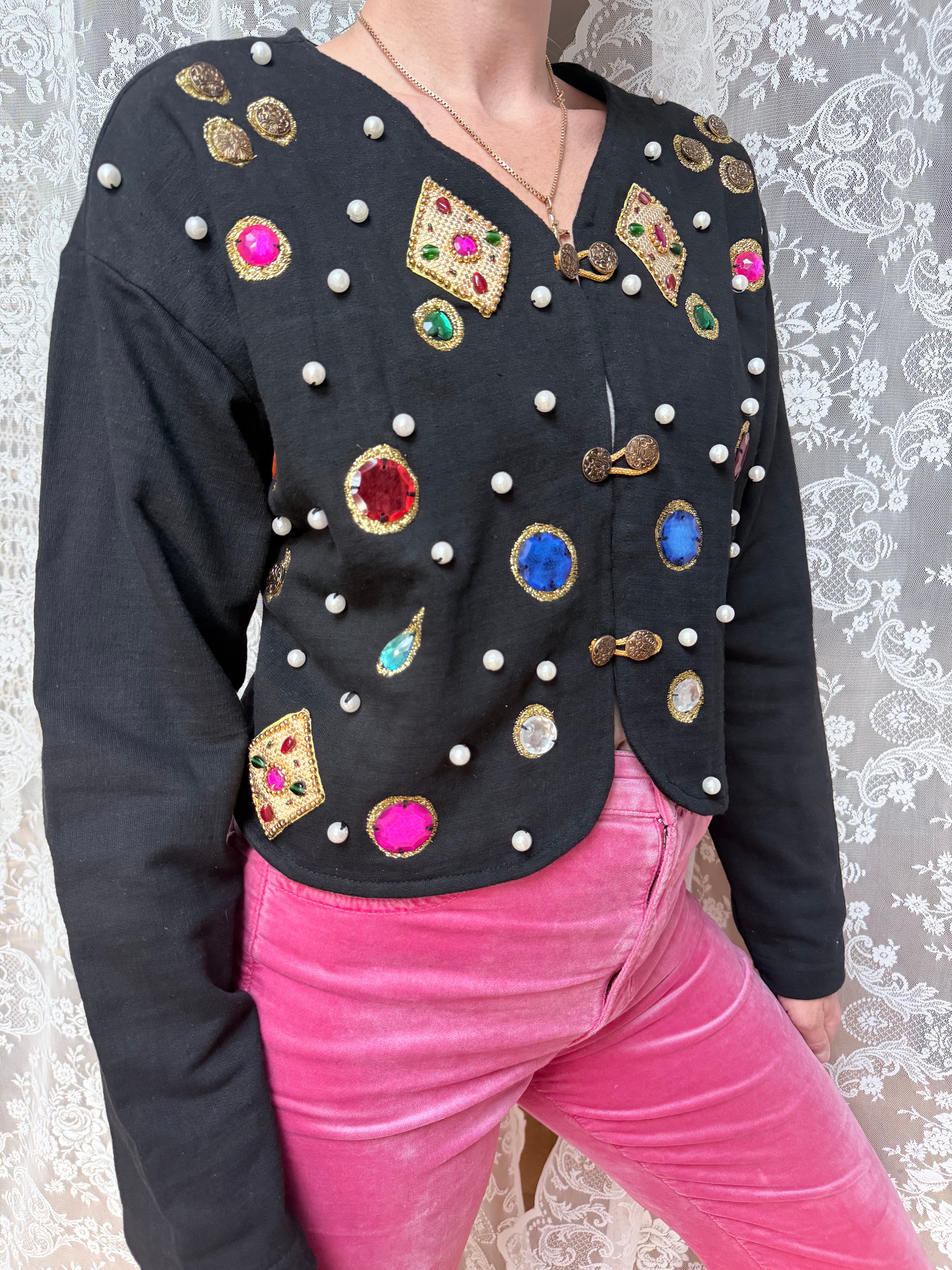 Quirky Vintage 1980s Black Cardigan with Jewels | Alice in Wonderland Inspired