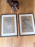 Pair of Original Signed 1967 Charcoal Portrait Drawings | The French Peasant and Gentleman