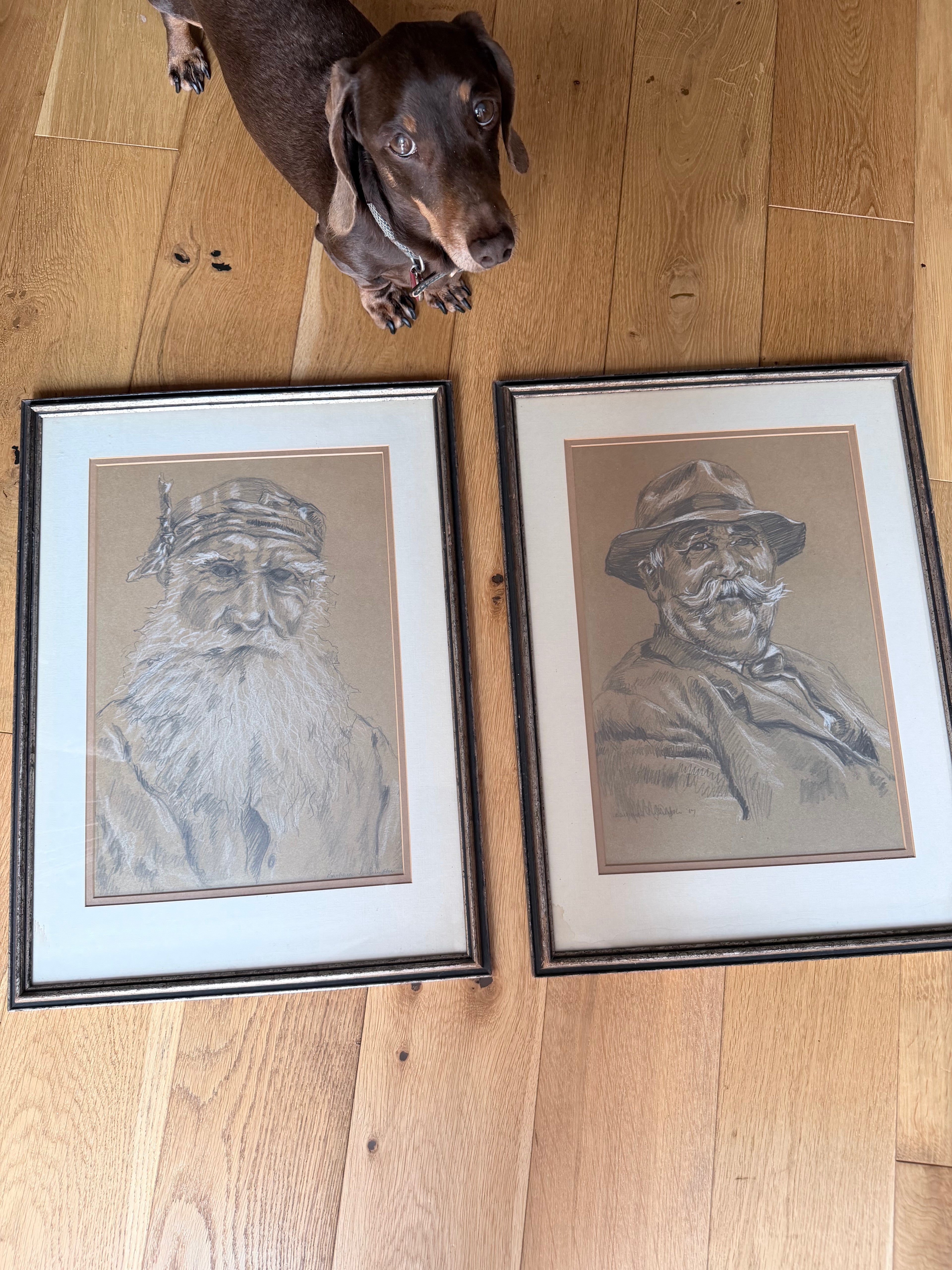 Pair of Original Signed 1967 Charcoal Portrait Drawings | The French Peasant and Gentleman