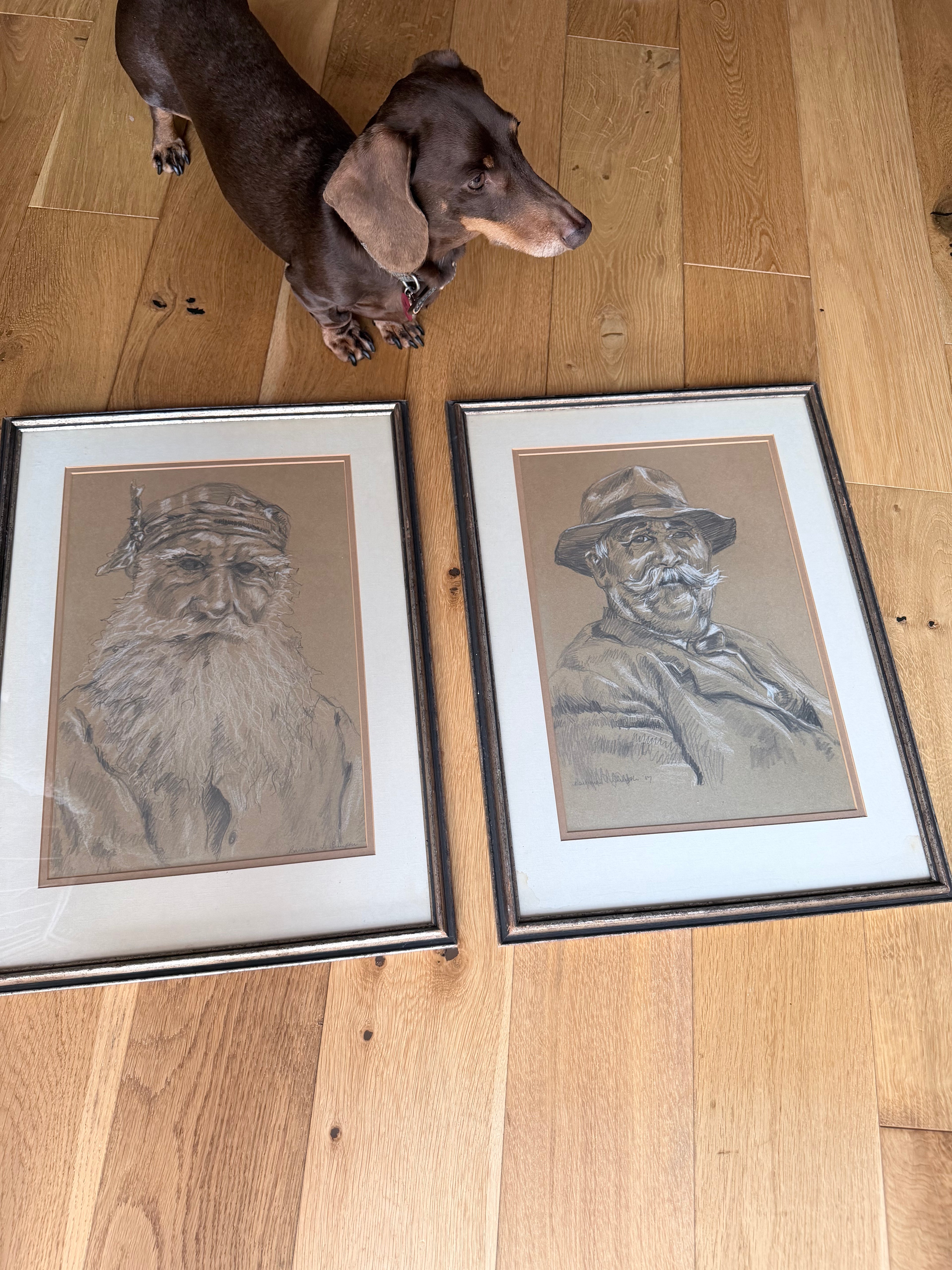 Pair of Original Signed 1967 Charcoal Portrait Drawings | The French Peasant and Gentleman