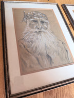 Pair of Original Signed 1967 Charcoal Portrait Drawings | The French Peasant and Gentleman