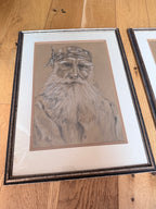 Pair of Original Signed 1967 Charcoal Portrait Drawings | The French Peasant and Gentleman