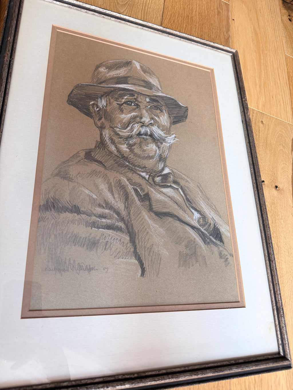 Pair of Original Signed 1967 Charcoal Portrait Drawings | The French Peasant and Gentleman