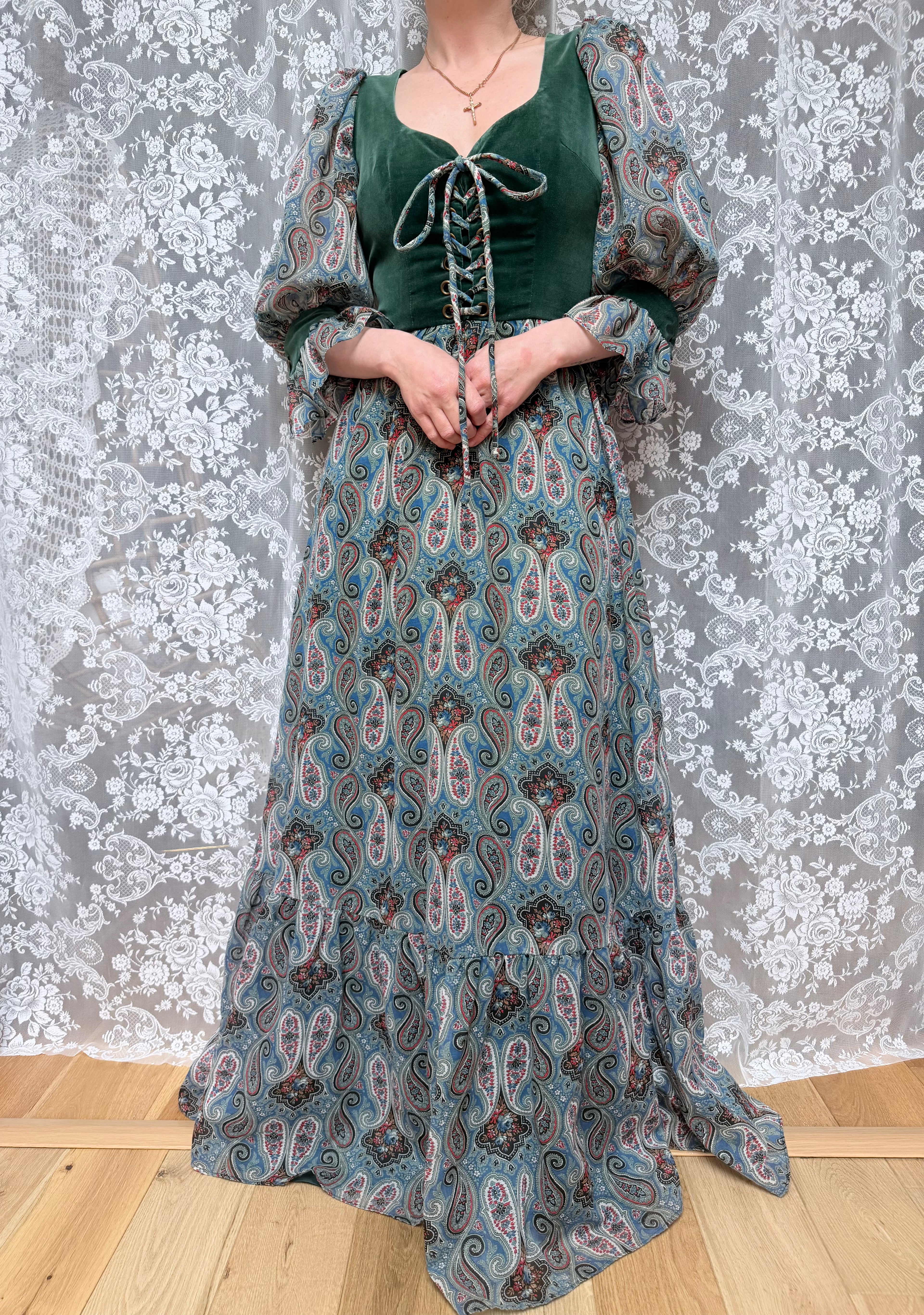 Vintage 1970s Romantic Prairie Dress with Green Velvet Corset Front