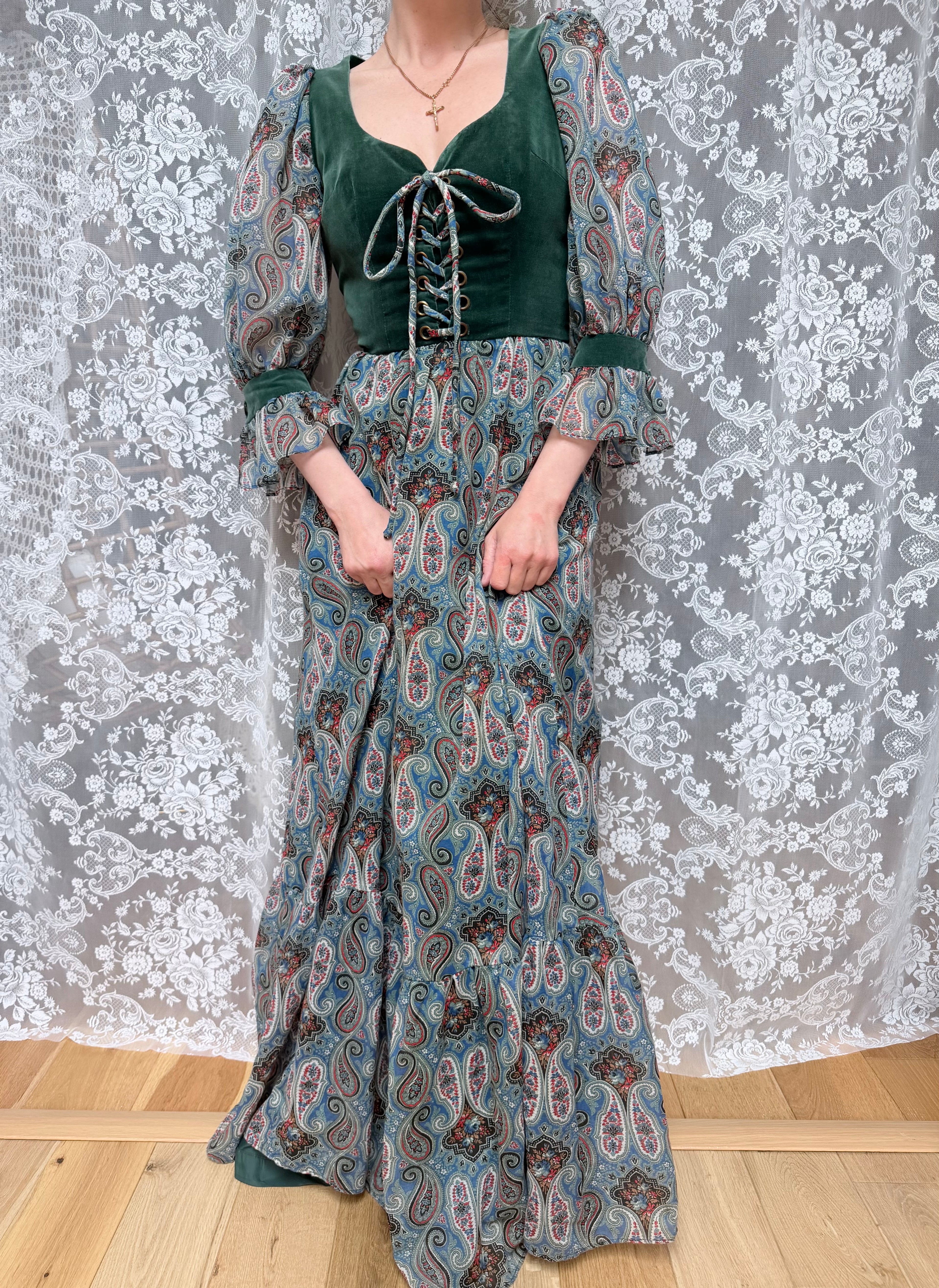 Vintage 1970s Romantic Prairie Dress with Green Velvet Corset Front