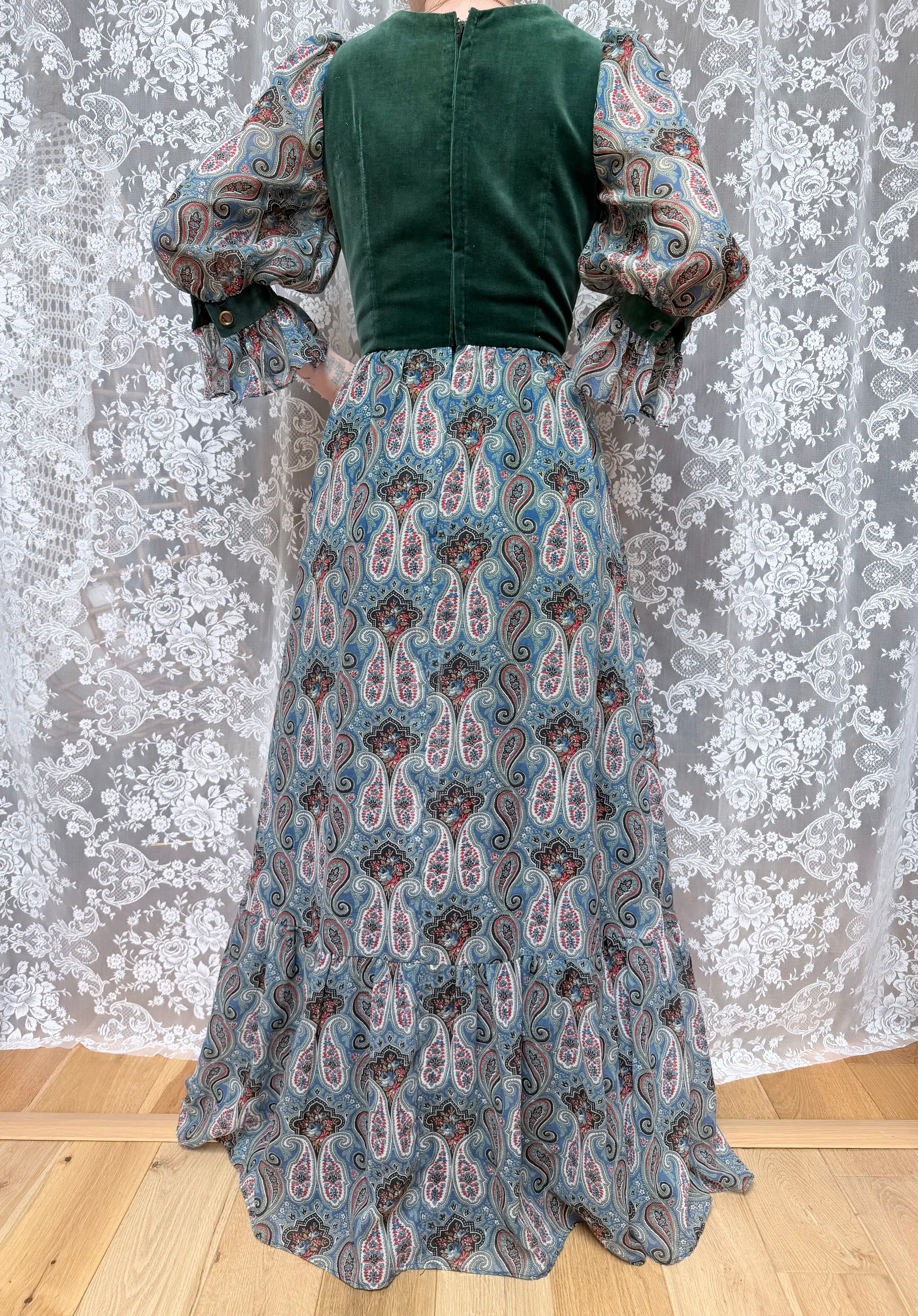 Vintage 1970s Romantic Prairie Dress with Green Velvet Corset Front