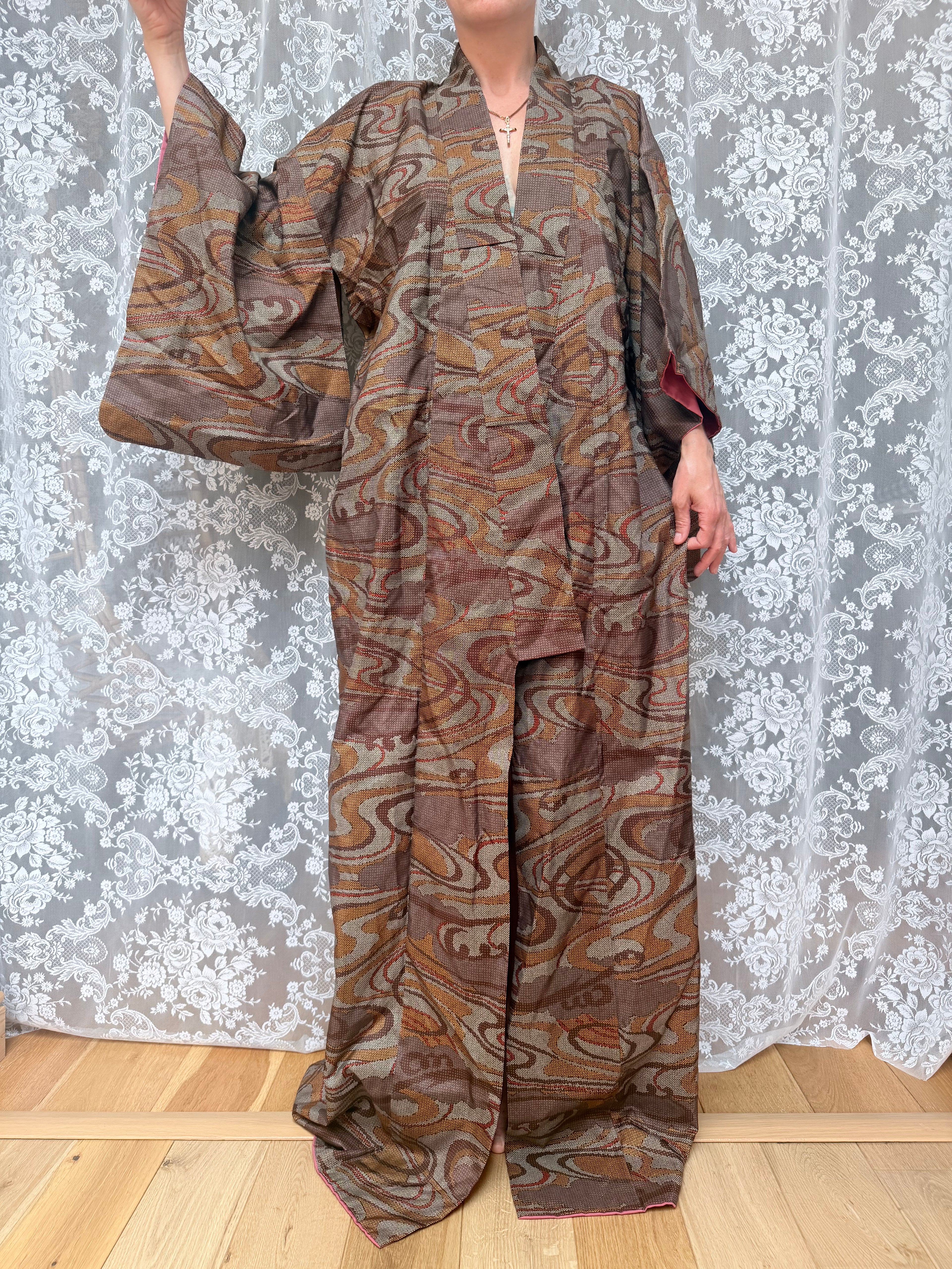 Vintage 1960s/70s Authentic Japanese Abstract Brown Kimono