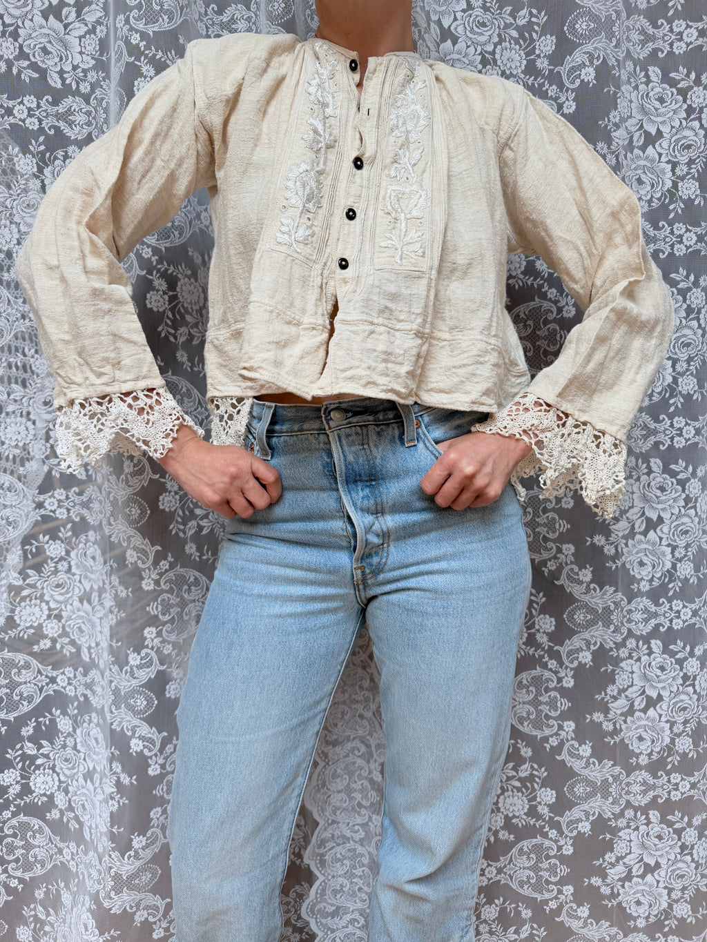 Antique Peasant Blouse with Embroidery & Crochet Lace | Circa 1880-1910