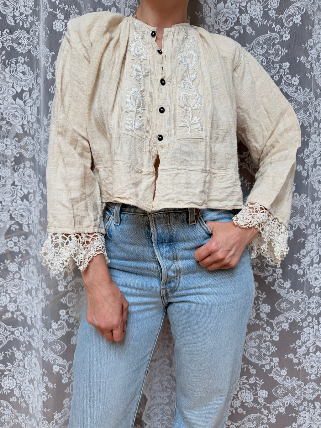 Antique Peasant Blouse with Embroidery & Crochet Lace | Circa 1880-1910