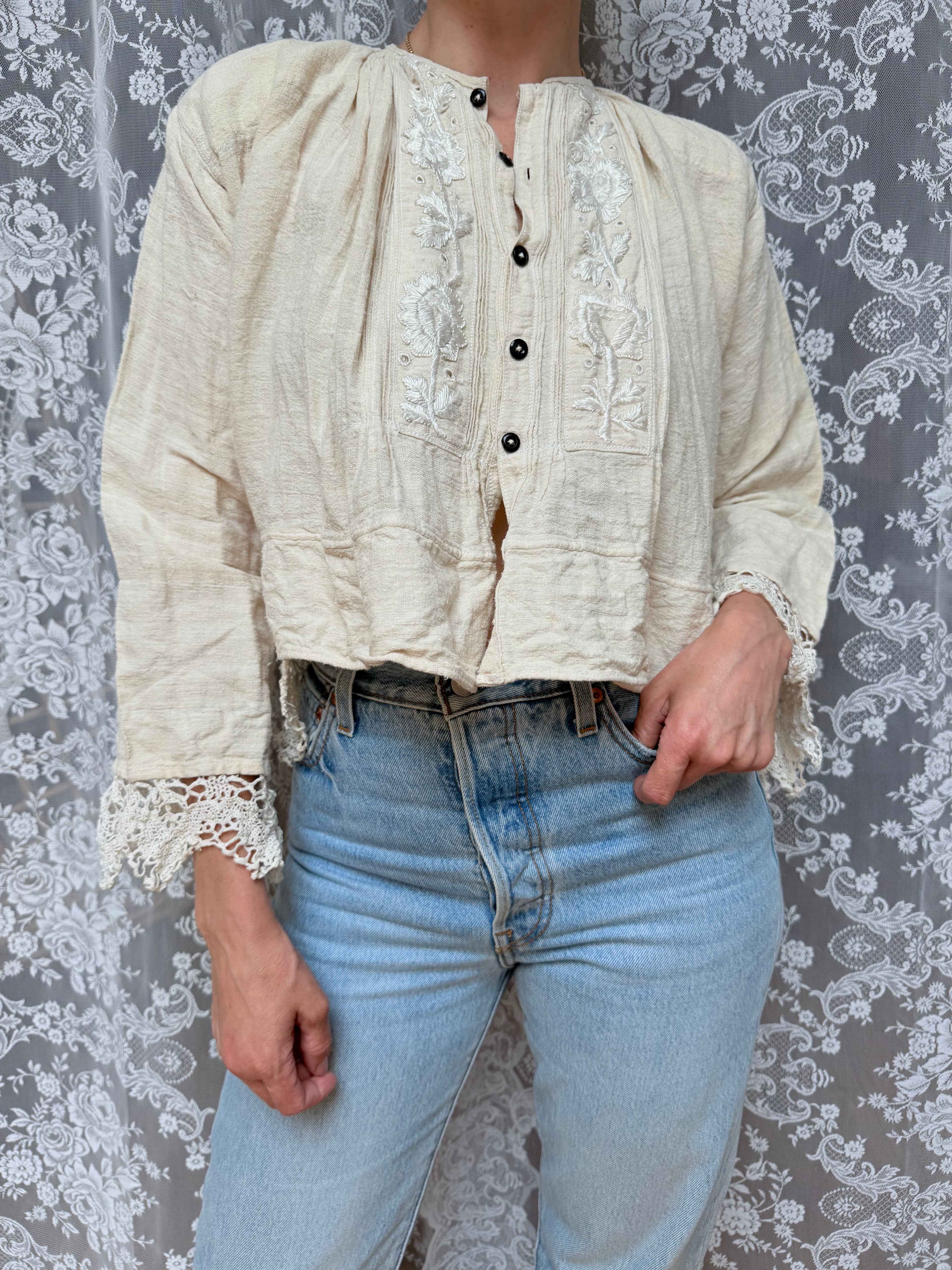 Antique Peasant Blouse with Embroidery & Crochet Lace | Circa 1880-1910