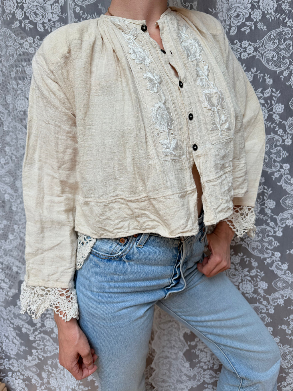 Antique Peasant Blouse with Embroidery & Crochet Lace | Circa 1880-1910