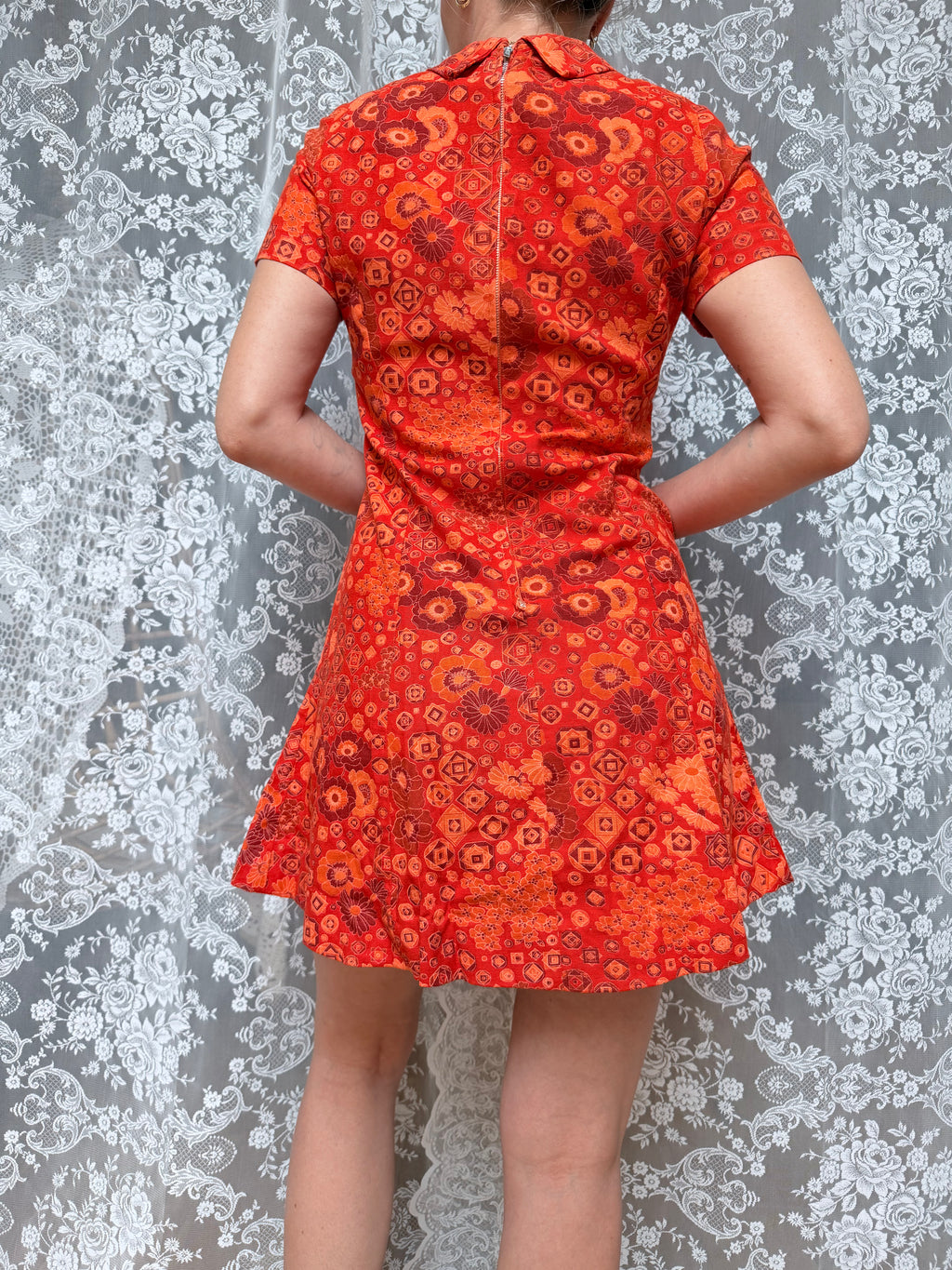 Vintage 1970s Handmade Orange Floral Mini Dress
