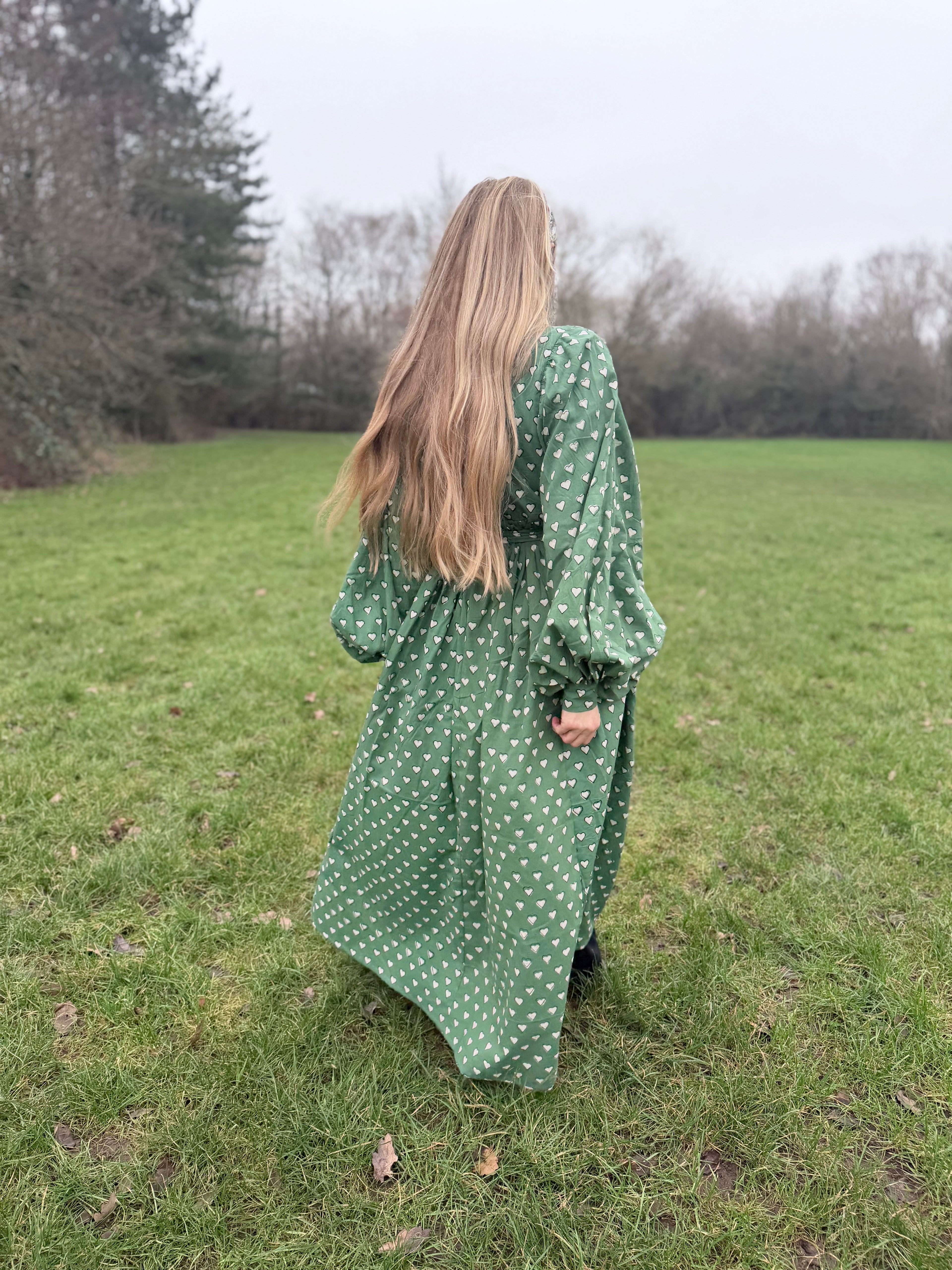 The Evangelina Emerald Irish Heart Dress | Traditionally Made and Hand Block Printed