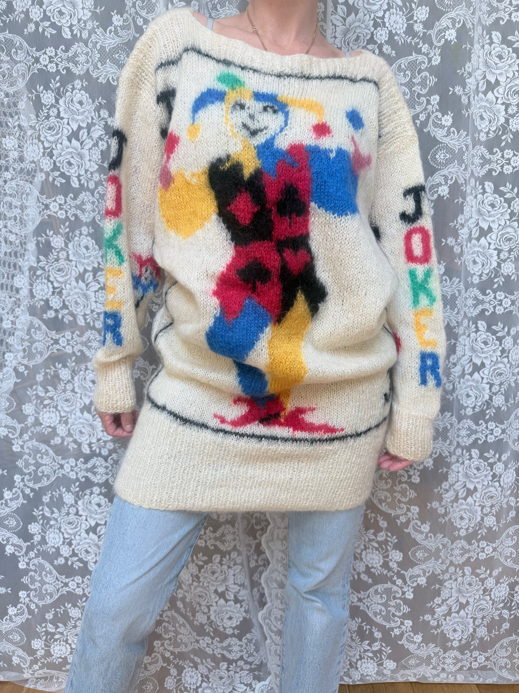 Vintage 1990s–1980s Hand-Knitted Mohair Novelty Playing Card Joker Jumper | Selina Knitwear