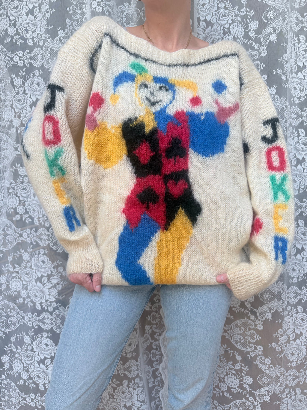 Vintage 1990s–1980s Hand-Knitted Mohair Novelty Playing Card Joker Jumper | Selina Knitwear
