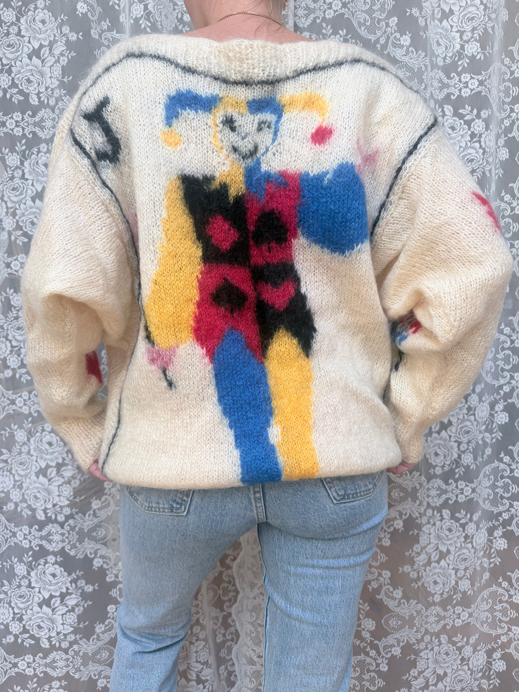 Vintage 1990s–1980s Hand-Knitted Mohair Novelty Playing Card Joker Jumper | Selina Knitwear