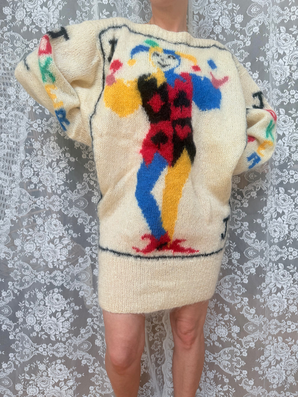 Vintage 1990s–1980s Hand-Knitted Mohair Novelty Playing Card Joker Jumper | Selina Knitwear