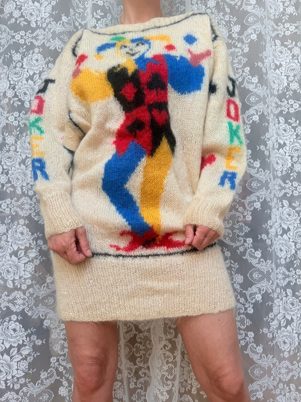 Vintage 1990s–1980s Hand-Knitted Mohair Novelty Playing Card Joker Jumper | Selina Knitwear