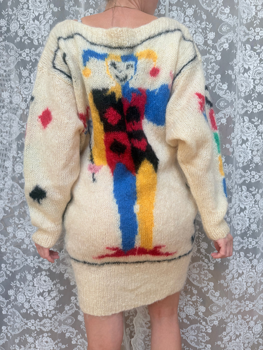 Vintage 1990s–1980s Hand-Knitted Mohair Novelty Playing Card Joker Jumper | Selina Knitwear