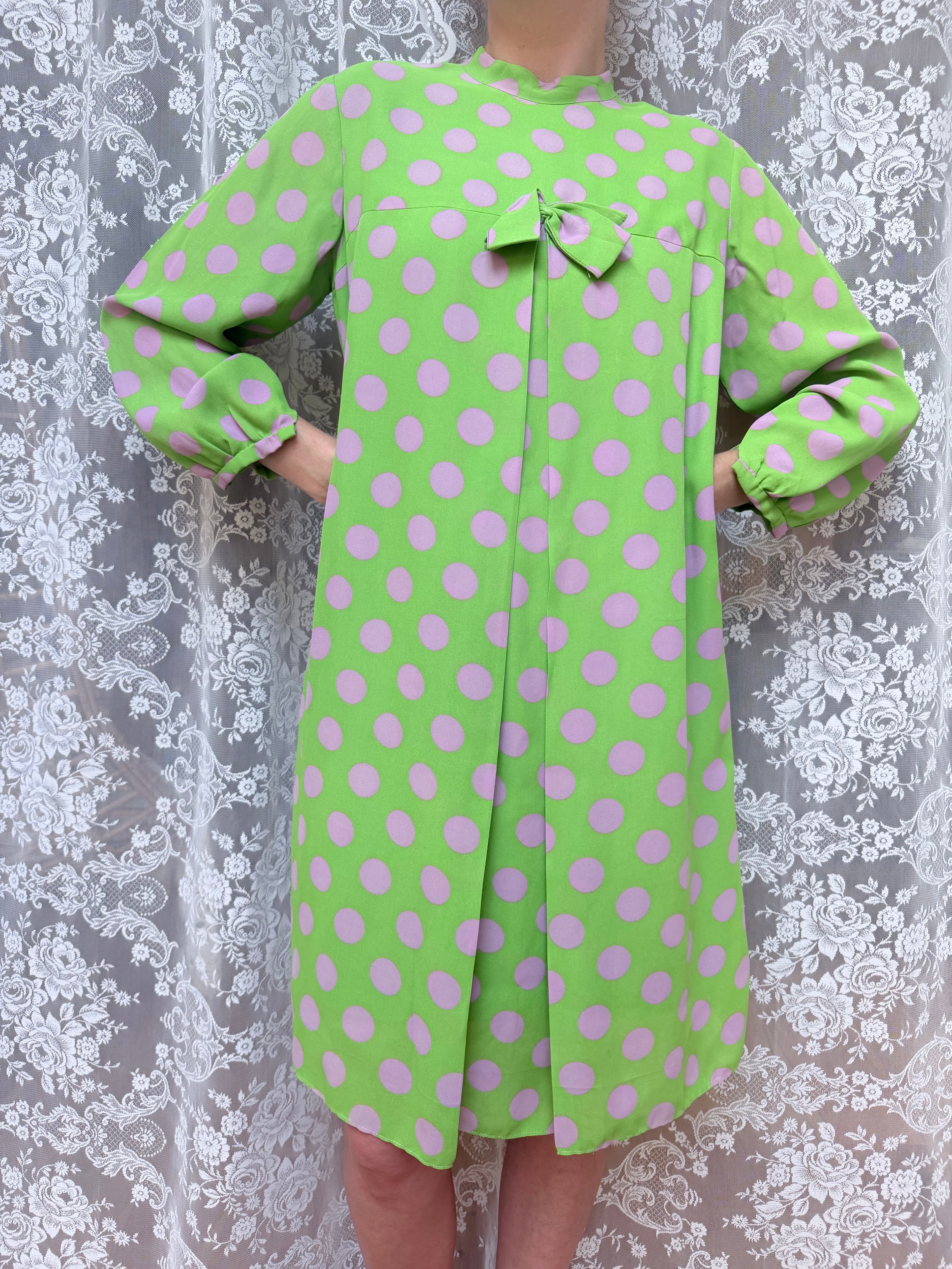 Vintage 1960s Handmade Lime Green Psychedelic Polka Dot Mod Dress
