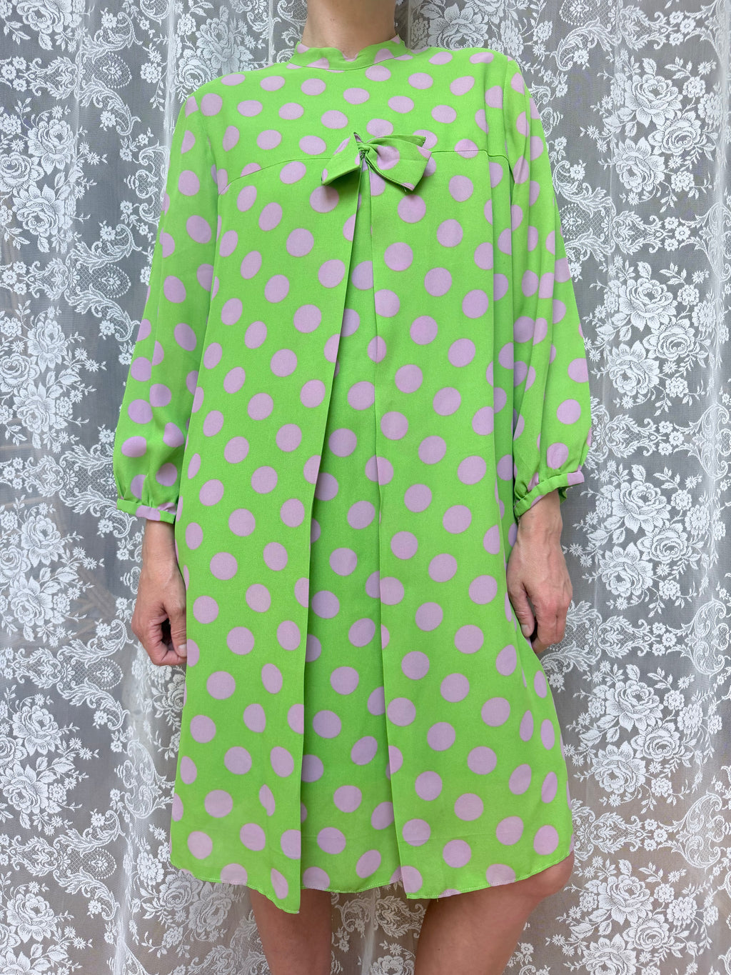 Vintage 1960s Handmade Lime Green Psychedelic Polka Dot Mod Dress